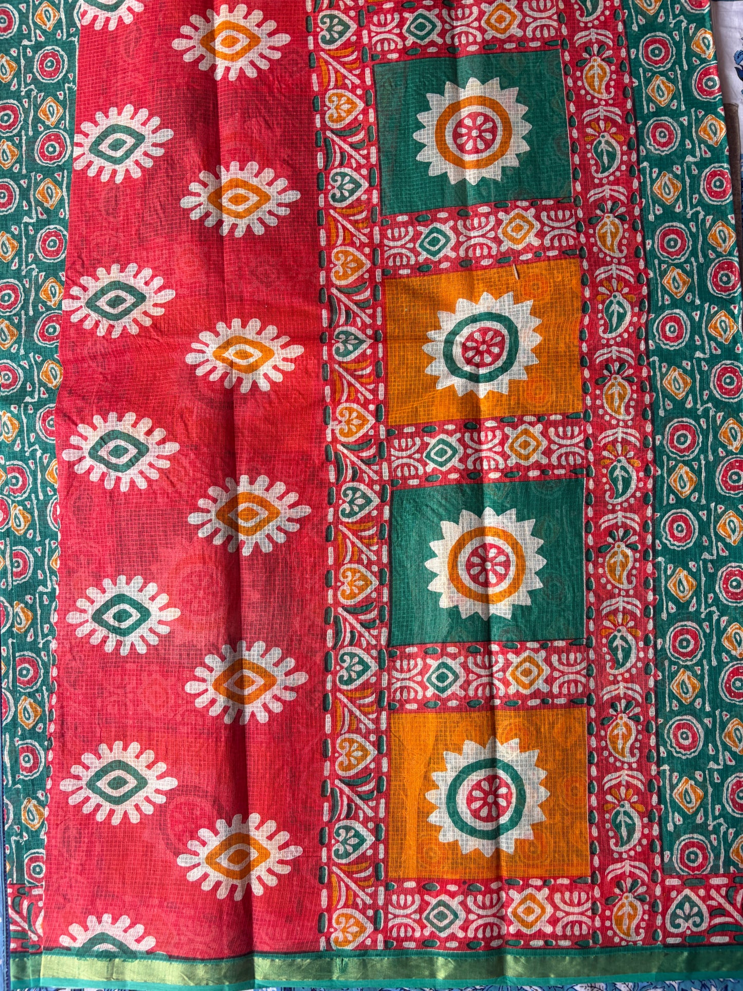 Dark Green Round Printed Kota Doria Cotton Saree | TLL570