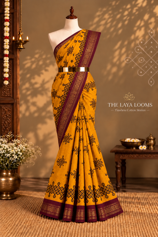 Kolam Printed Sungudi Cotton Saree Yellow With Maroon Border | TLL639