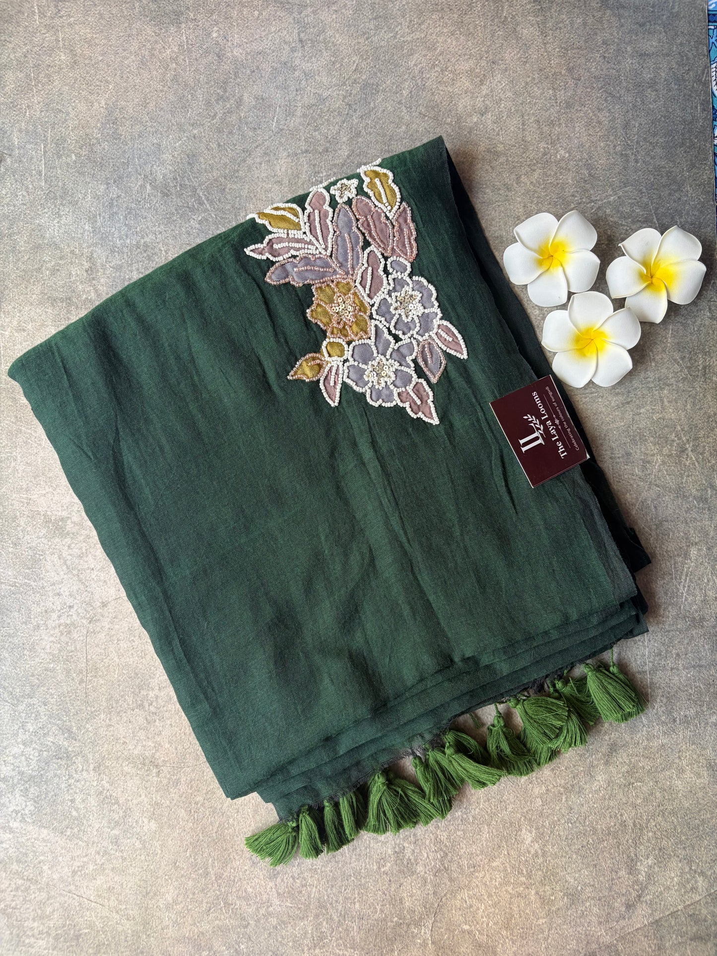 Mul Mul Cotton Saree Dark Green with Tussles | TLL500
