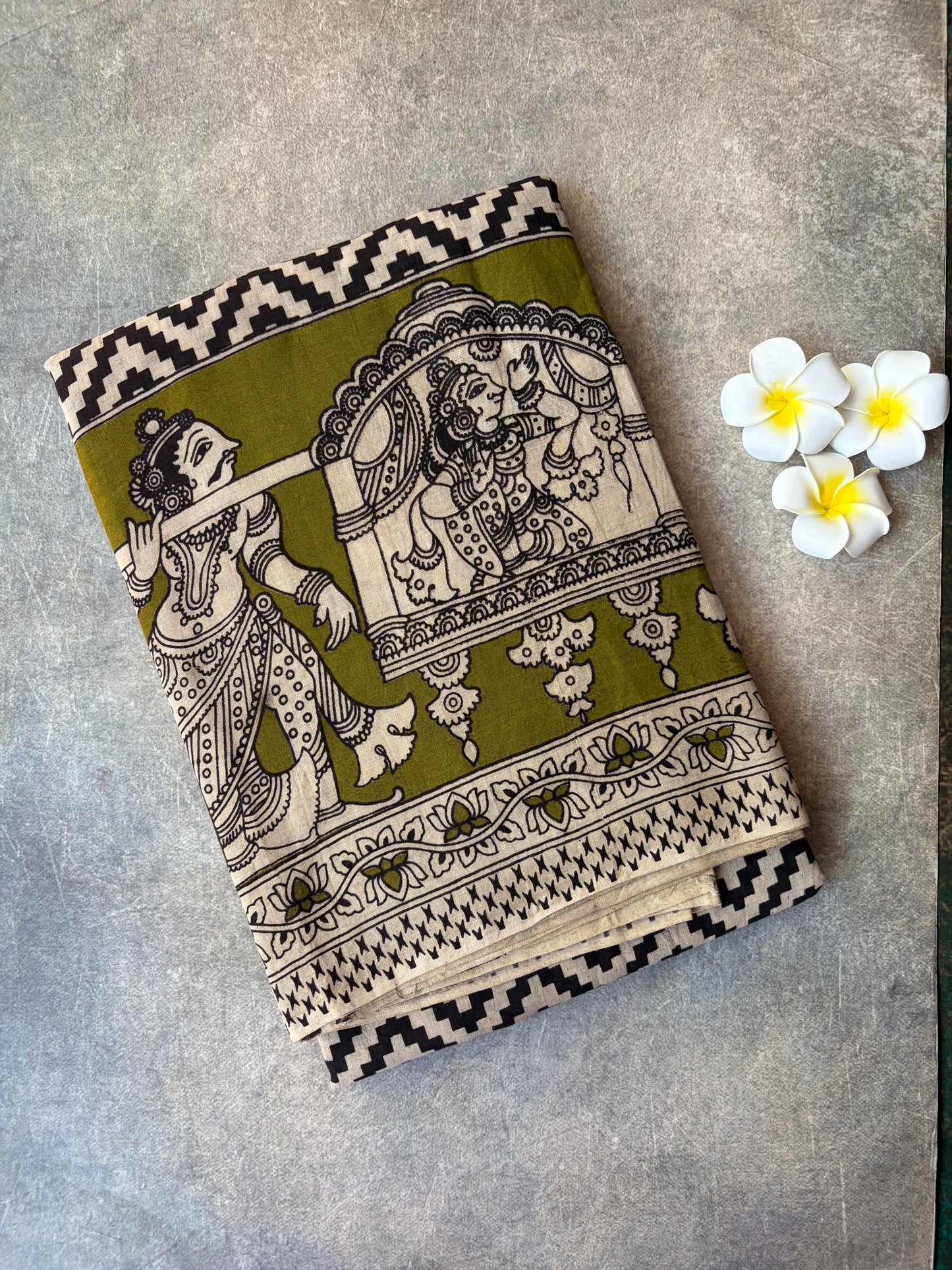 Kalamkari Printed Cotton Saree Mehendi Green | TLL420