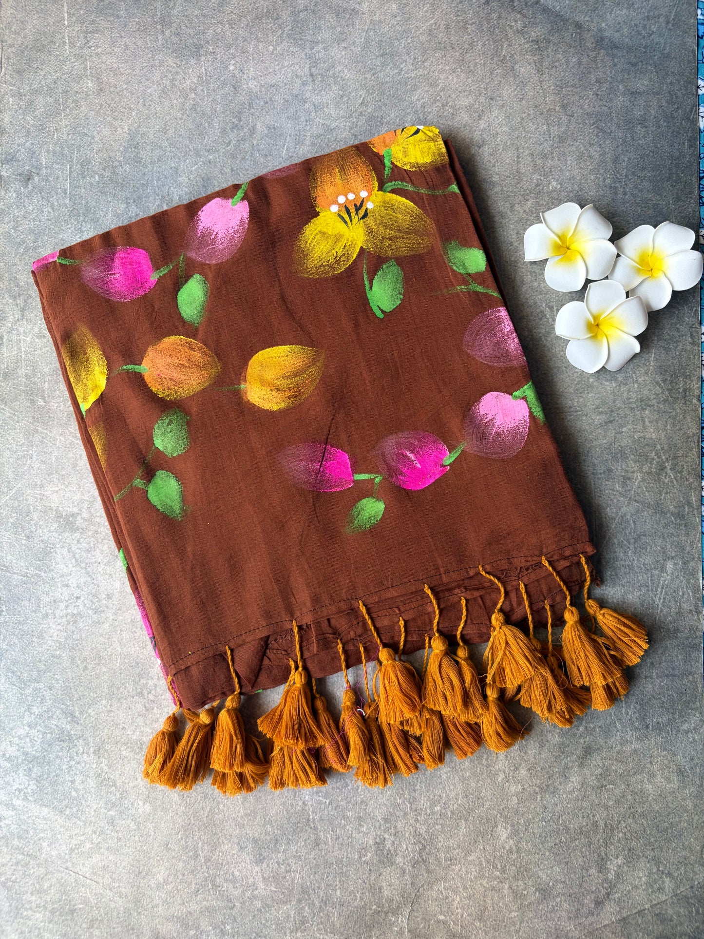 Hand Painted Mul Mul Cotton Saree Brown | TLL513