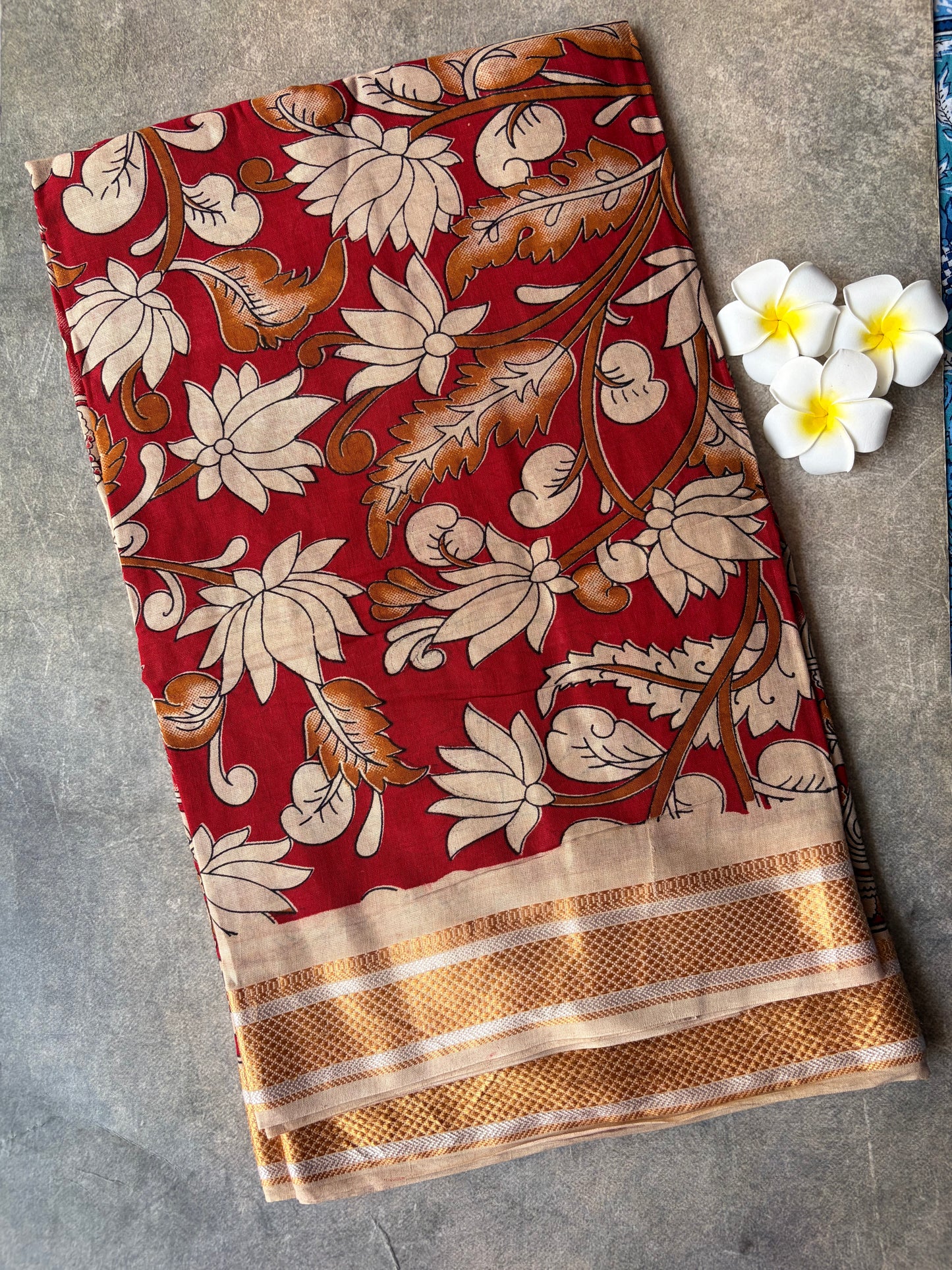 Traditional Kalamkari Soft Mul Cotton Saree Red with Mustard Yellow | TLL626