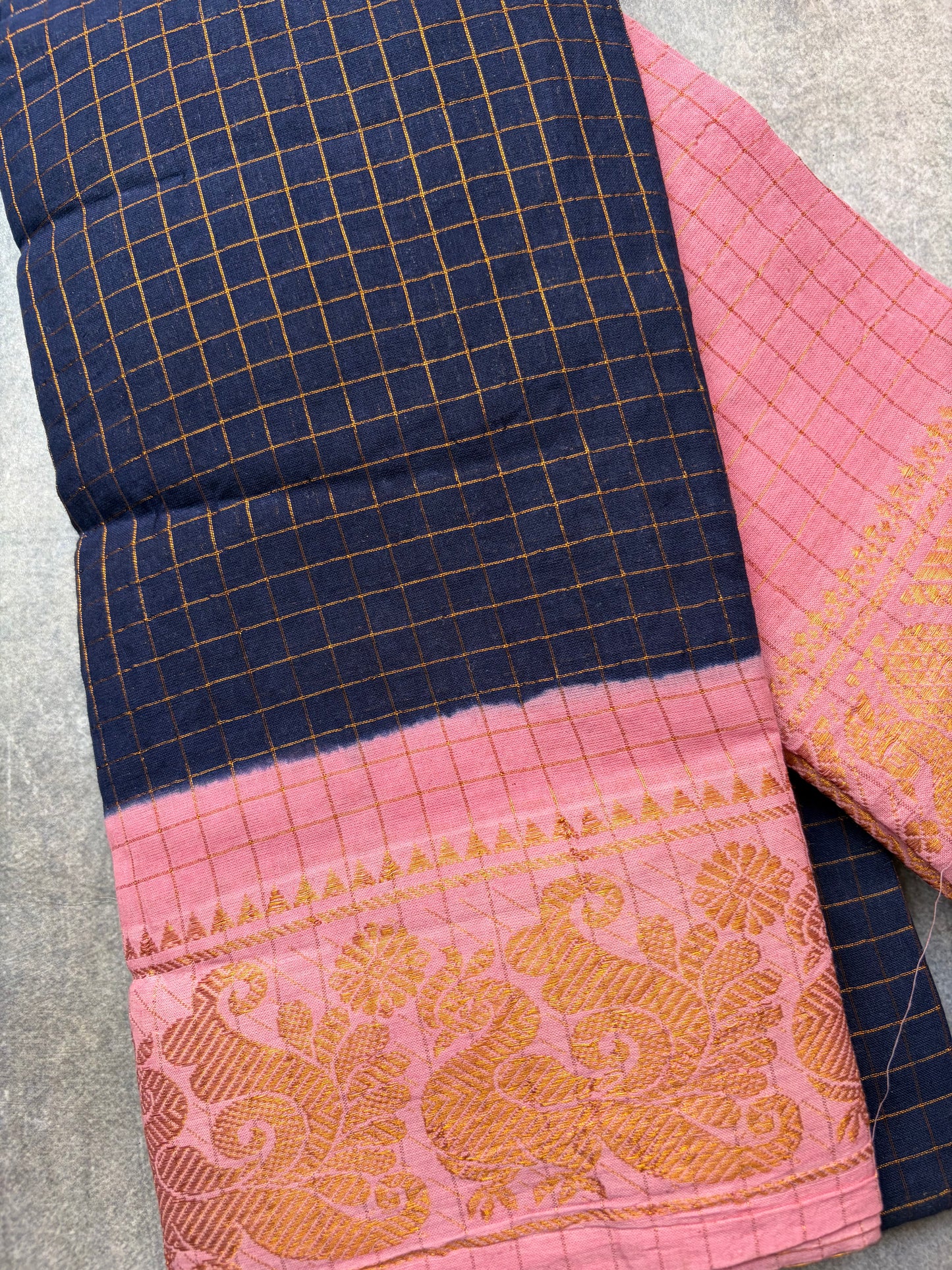 Checked Sungudi | rose milk pink border with dark navy blue