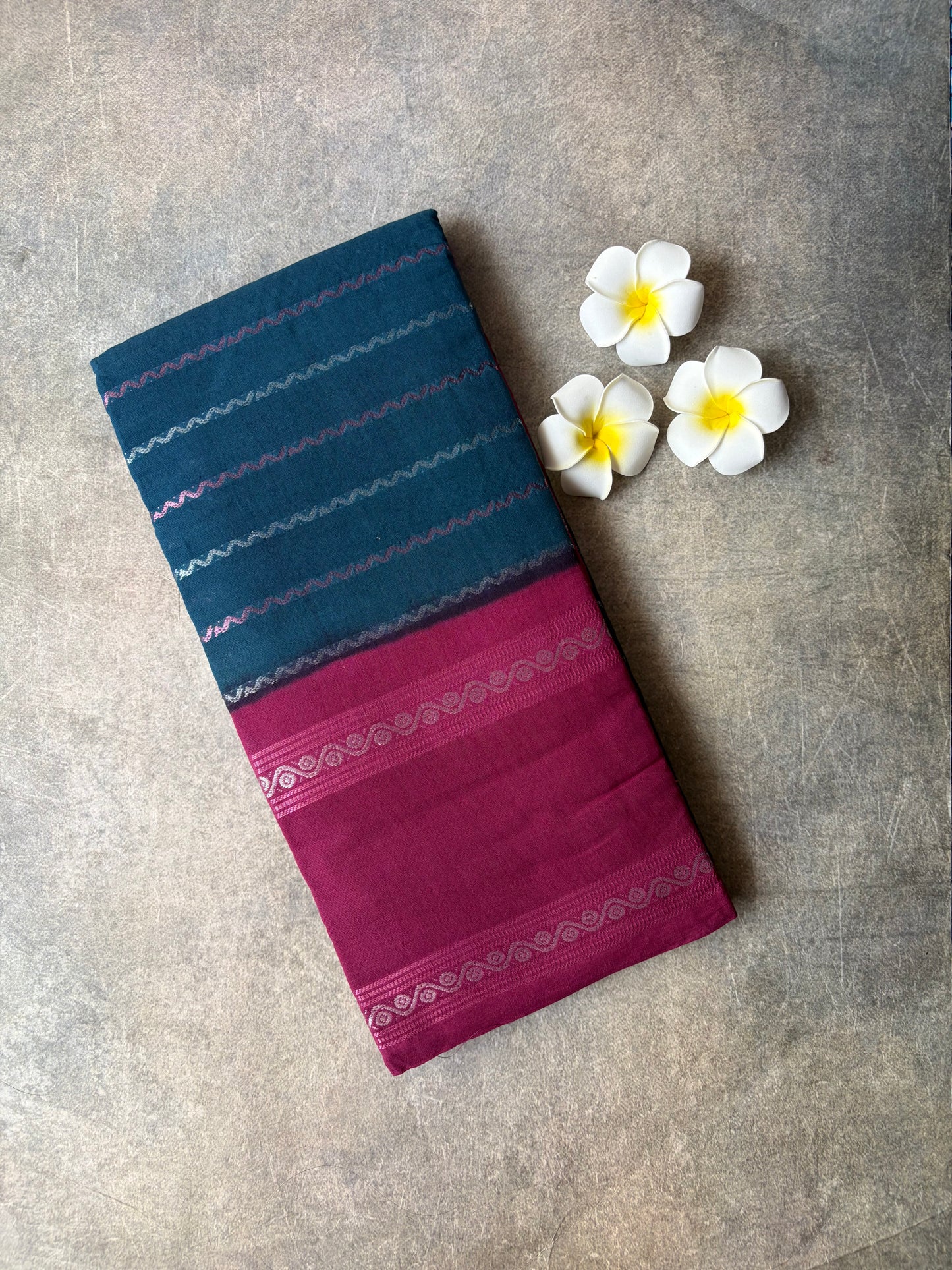 Sungudi Cotton Saree Bluish-Green with Magenta Border | TLL677