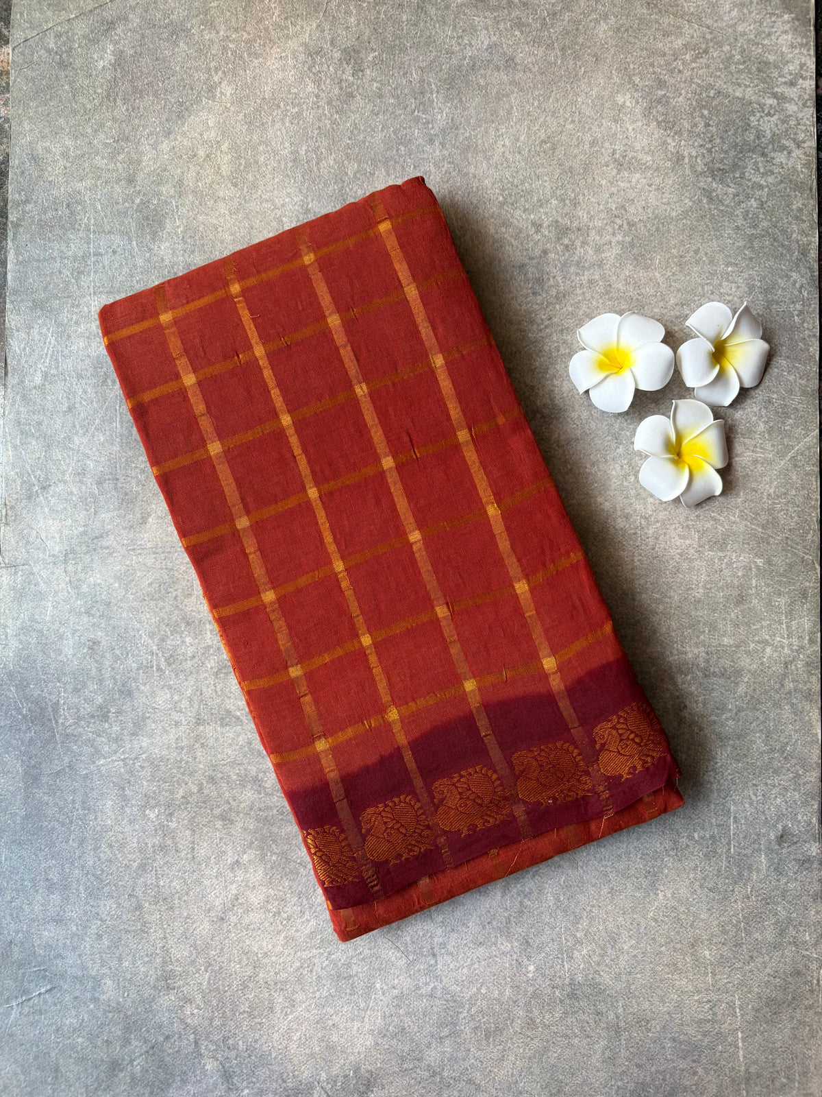 Kattam Sungudi Cotton Saree Brown With Maroon Border | TLL682
