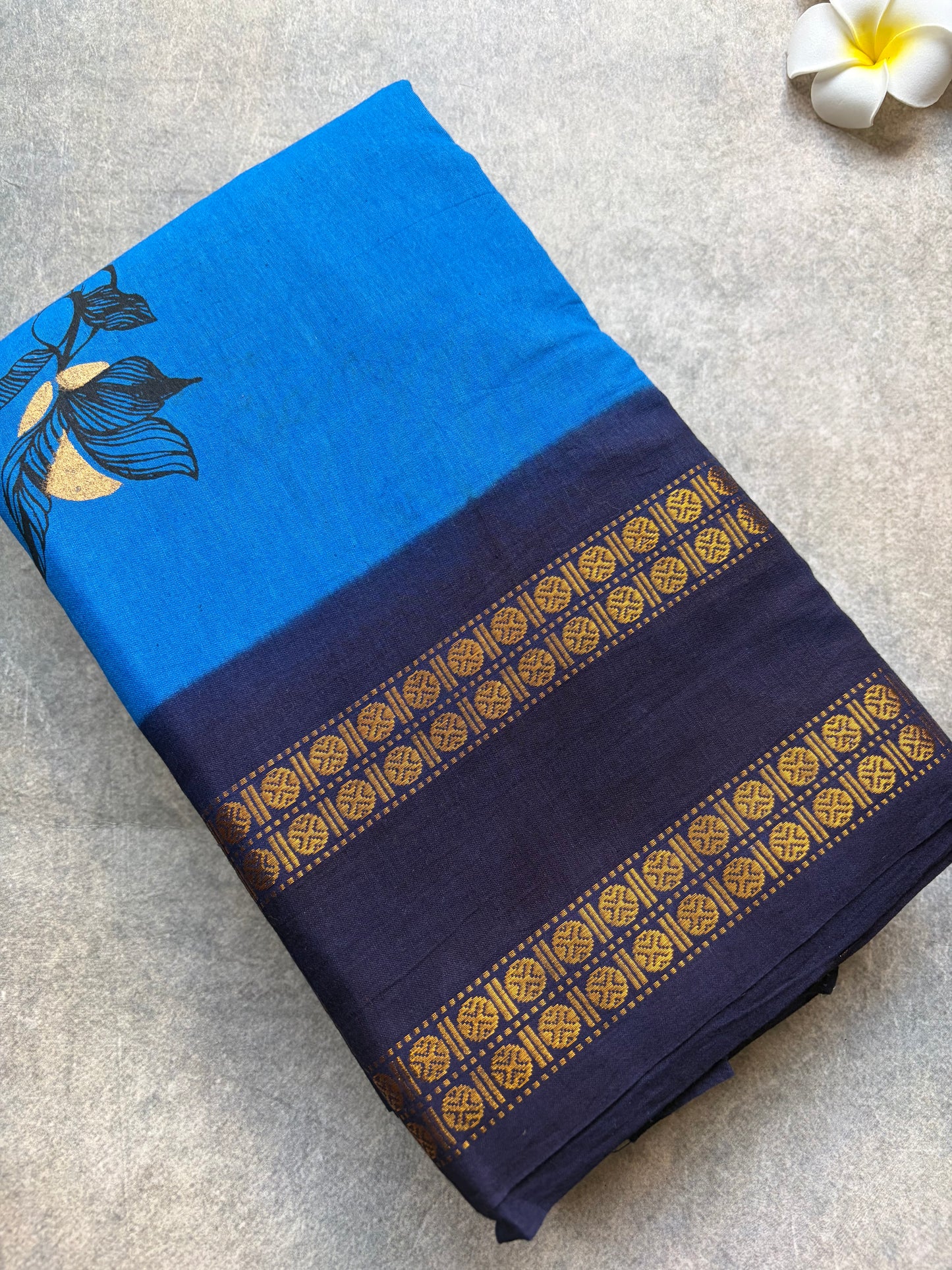 Soft Sungudi | Golden Moon Ink Blue with Navy Blue Border | without blouse