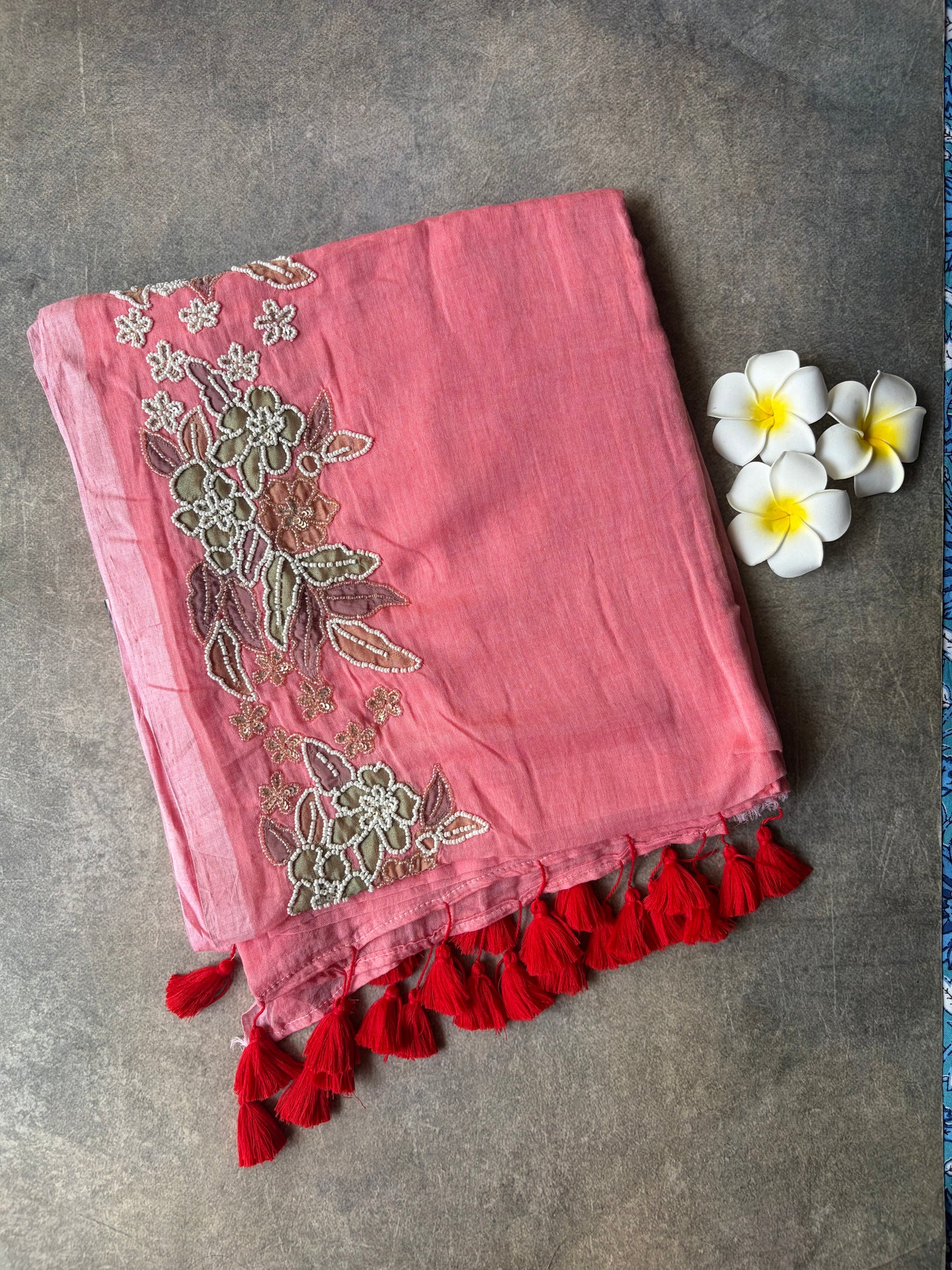 Mul Mul Cotton Saree Baby Pink with Tussles | TLL501