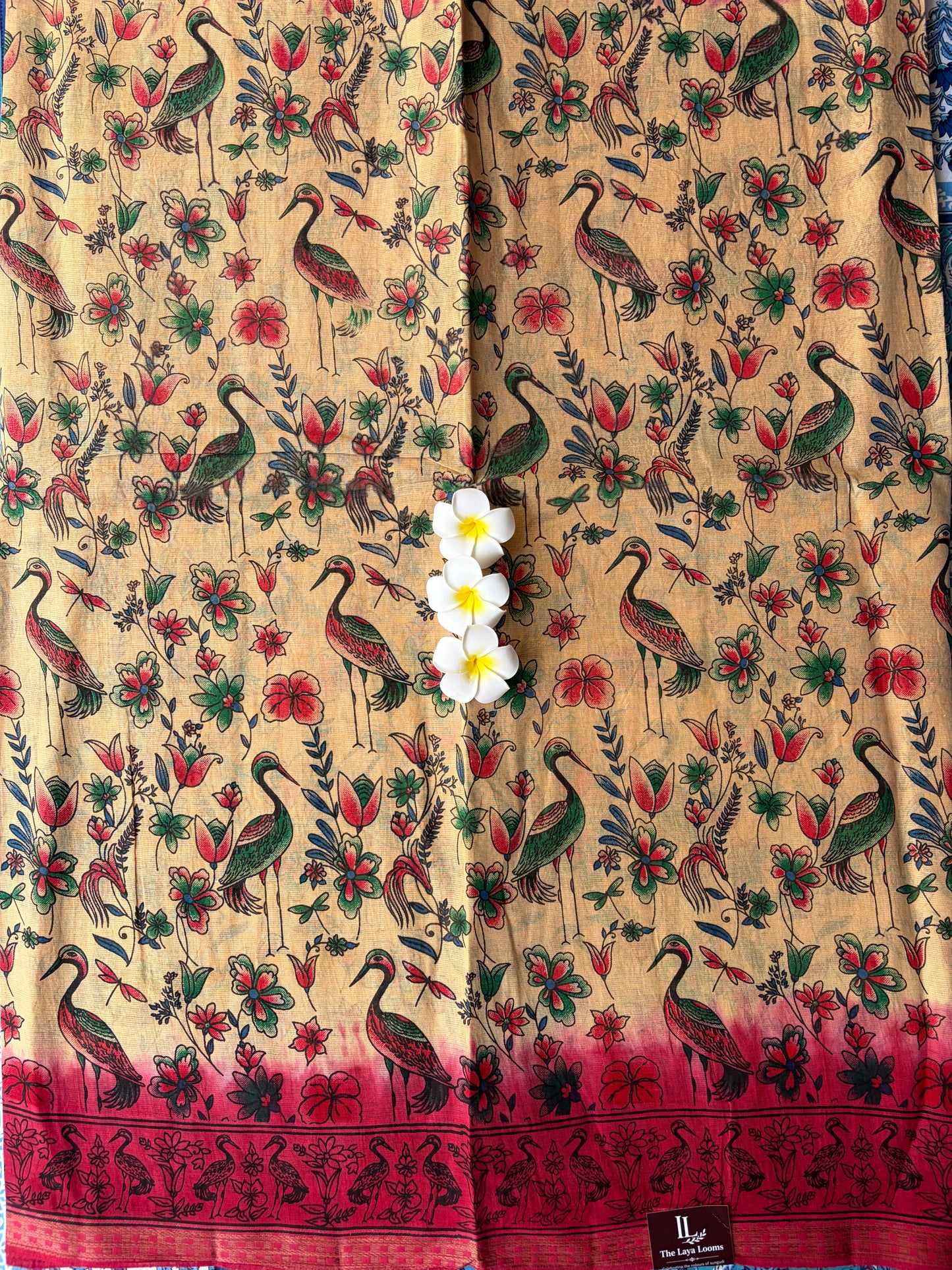 Kalamkari Cotton Saree Cream with Red Border | TLL592