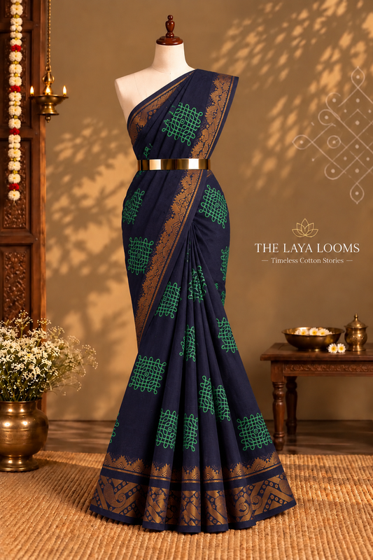 Kolam Printed Sungudi Cotton Saree Dark Blue | TLL311