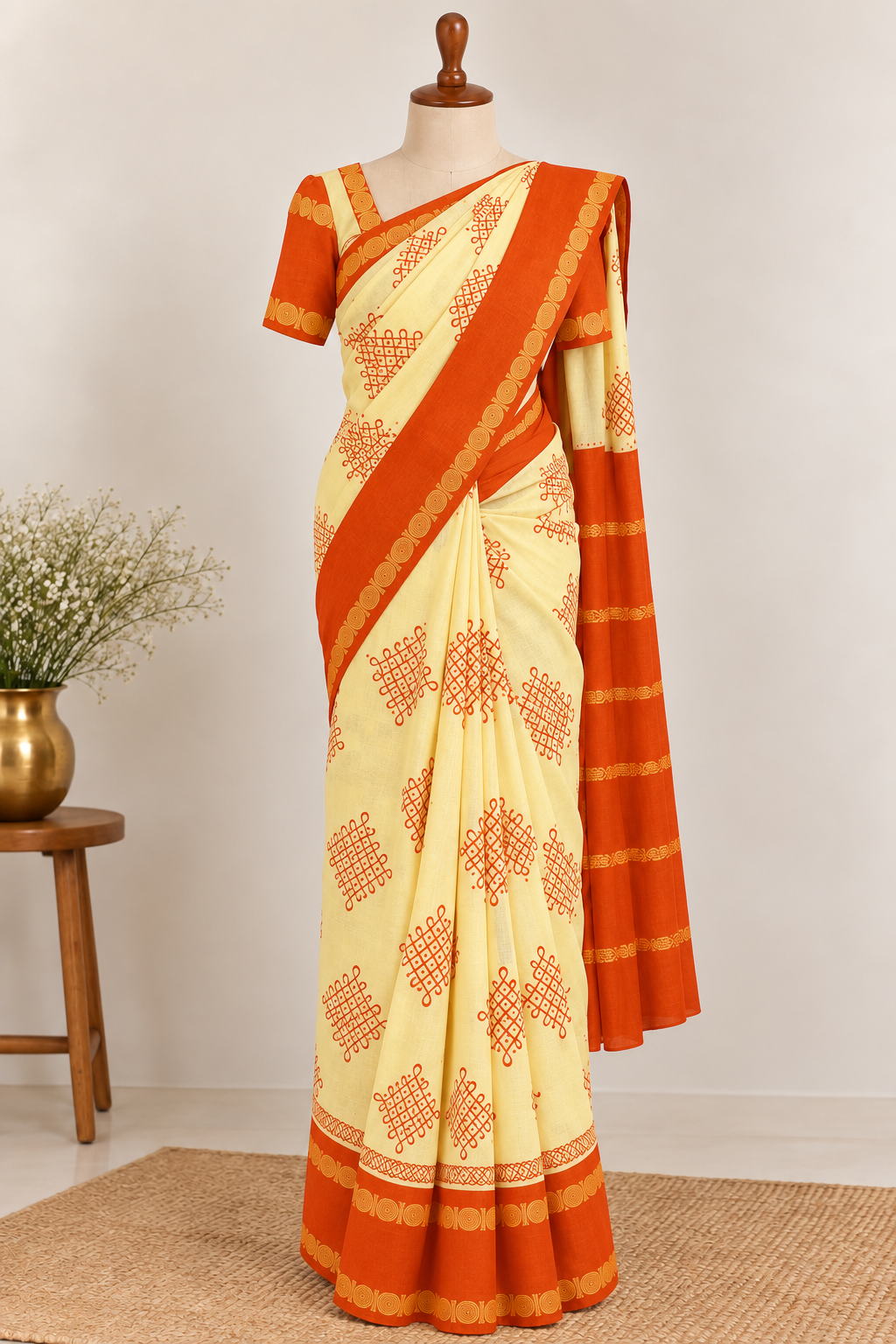 Kolam Printed Sungudi Cotton Saree Half-White | TLL395