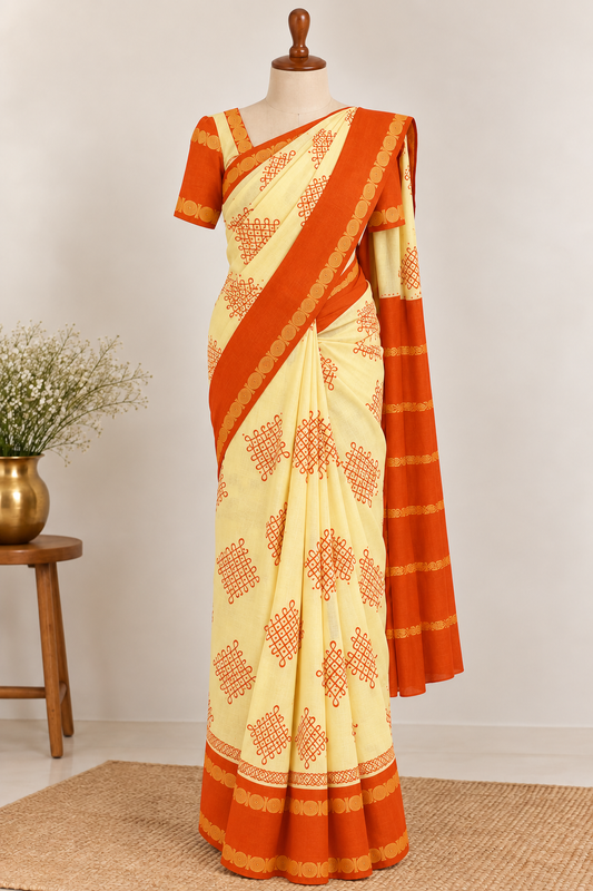 Kolam Printed Sungudi Cotton Saree Half-White | TLL395