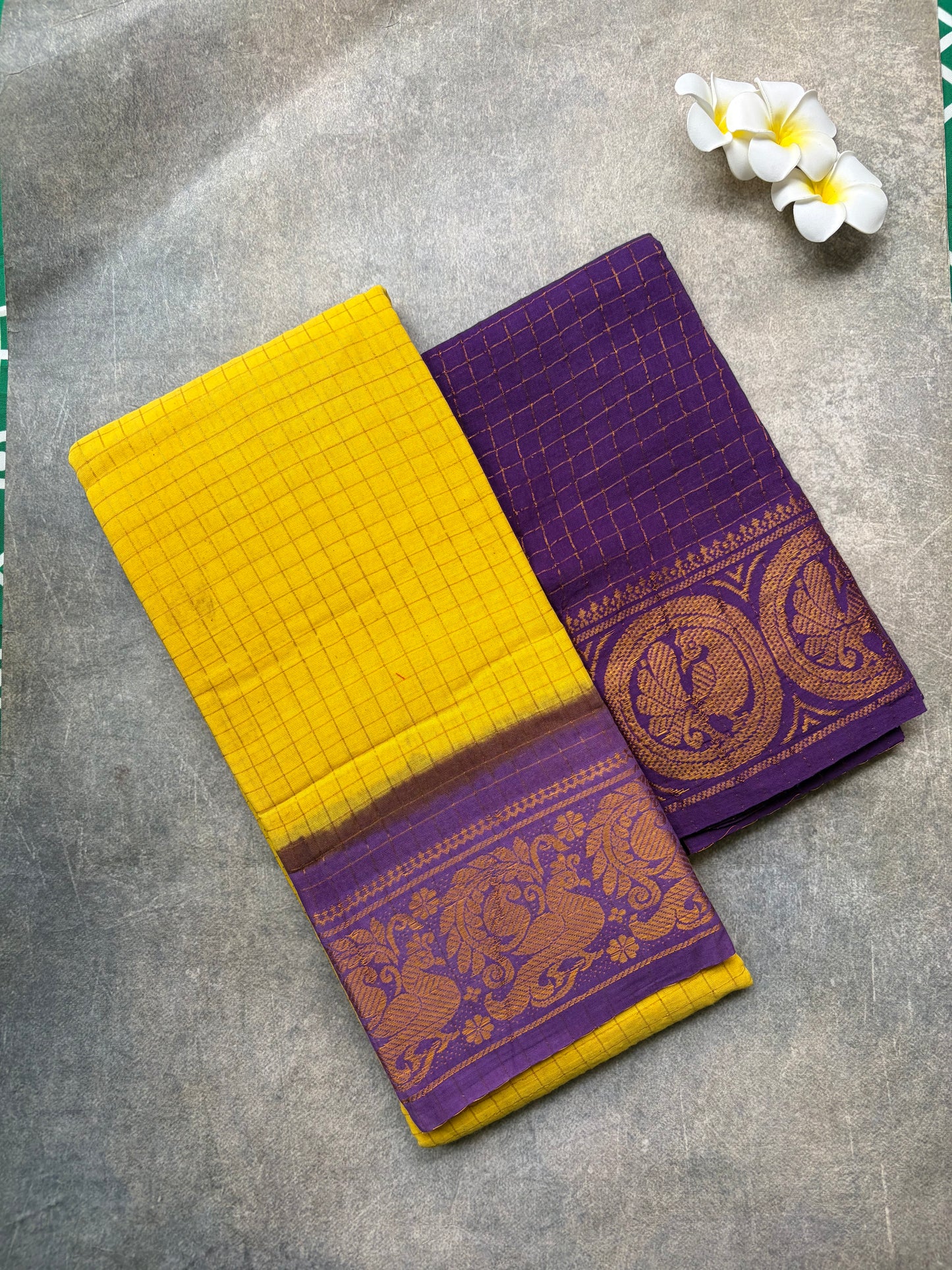 Madurai Sungudi | Yellow with Violet Golden Zari Checked Sungudi Cotton Saree | TLL163