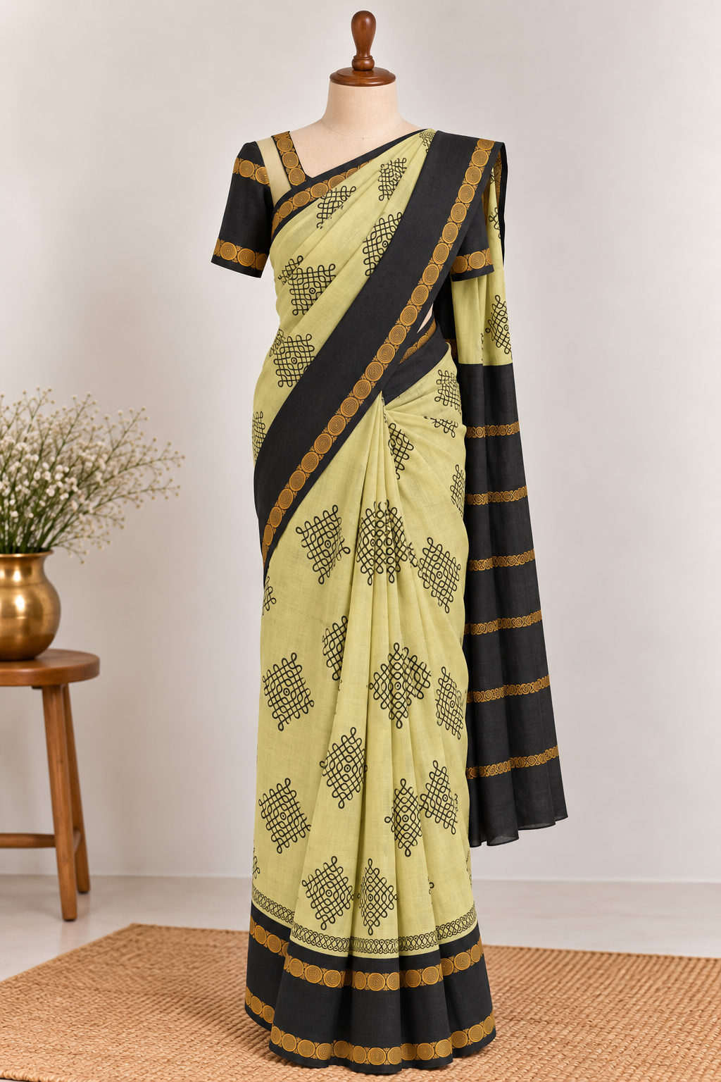 Kolam Printed Sungudi Cotton Saree Half-White | TLL392