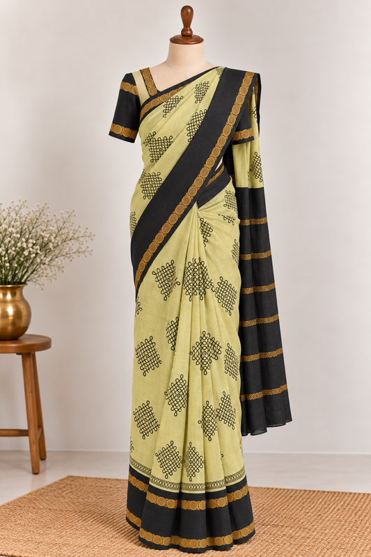 Kolam Printed Sungudi Cotton Saree Half-White | TLL392