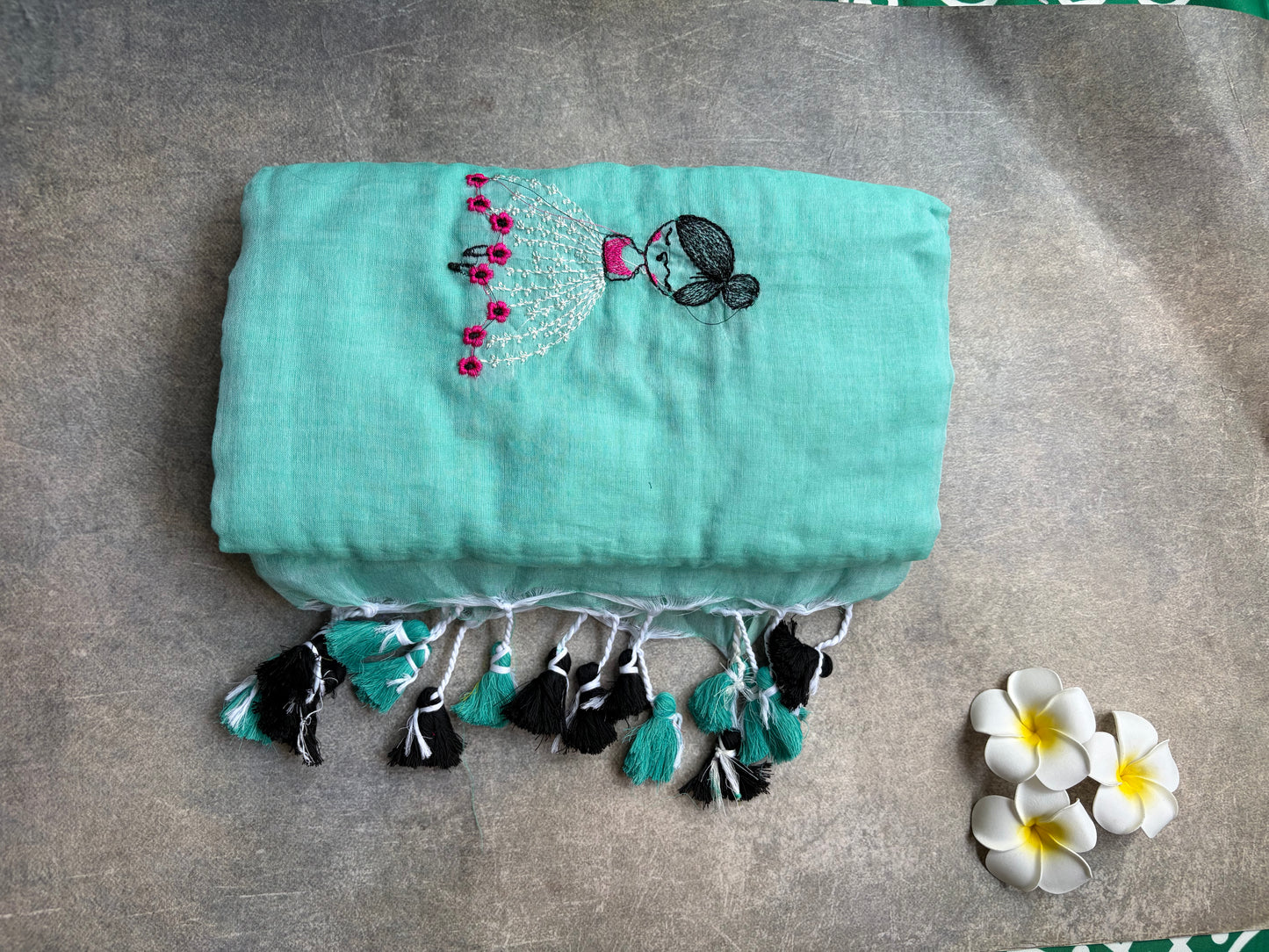 Mul Mul Cotton Saree | Sky Blue with Tassels & Doll Embroidery