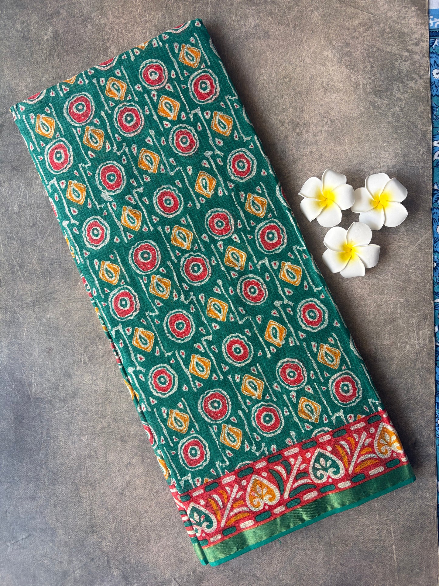 Dark Green Round Printed Kota Doria Cotton Saree | TLL570