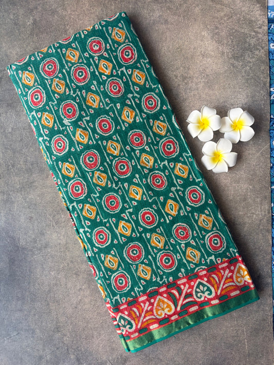 Dark Green Round Printed Kota Doria Cotton Saree | TLL570