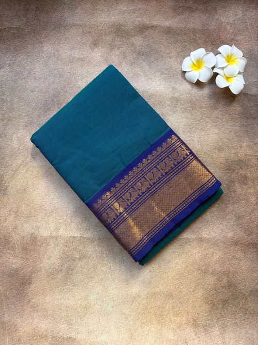 Premium Kanchi Cotton Saree with Peacock Zari Motif – Blue Border Elegance