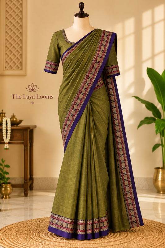Narayanpet Cotton Saree Olive Green | TLL433