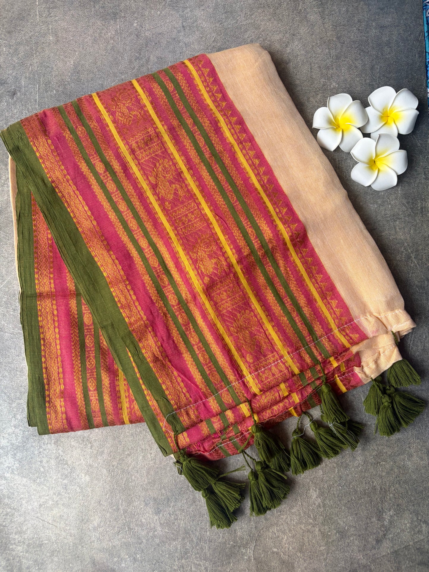 Mul Mul Cotton Saree Cream Colour with Green Tussles | TLL258