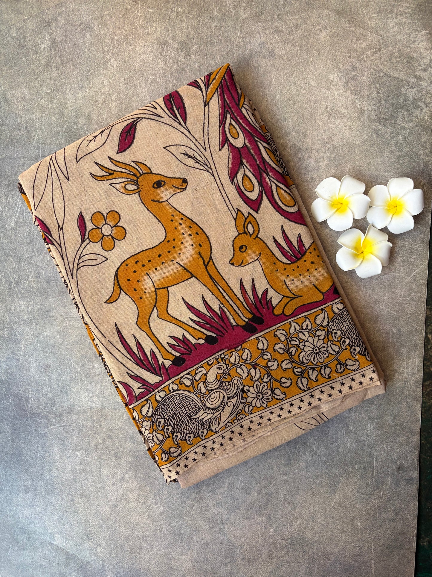 Kalamkari Printed Cotton Saree Cream Colour | TLL427
