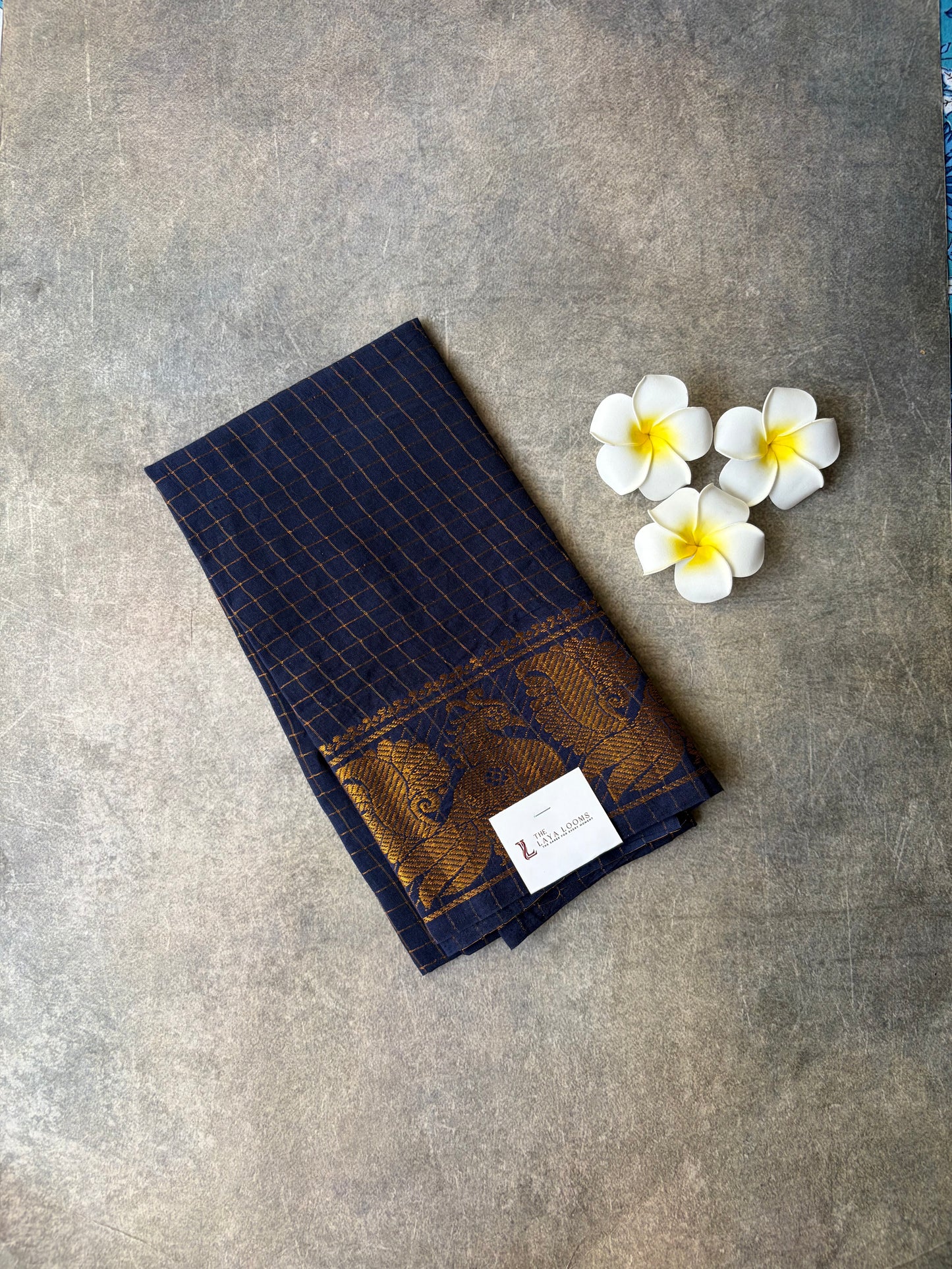 Dark Blue Golden Checked Sungudi Cotton Blouse Piece | TLL242