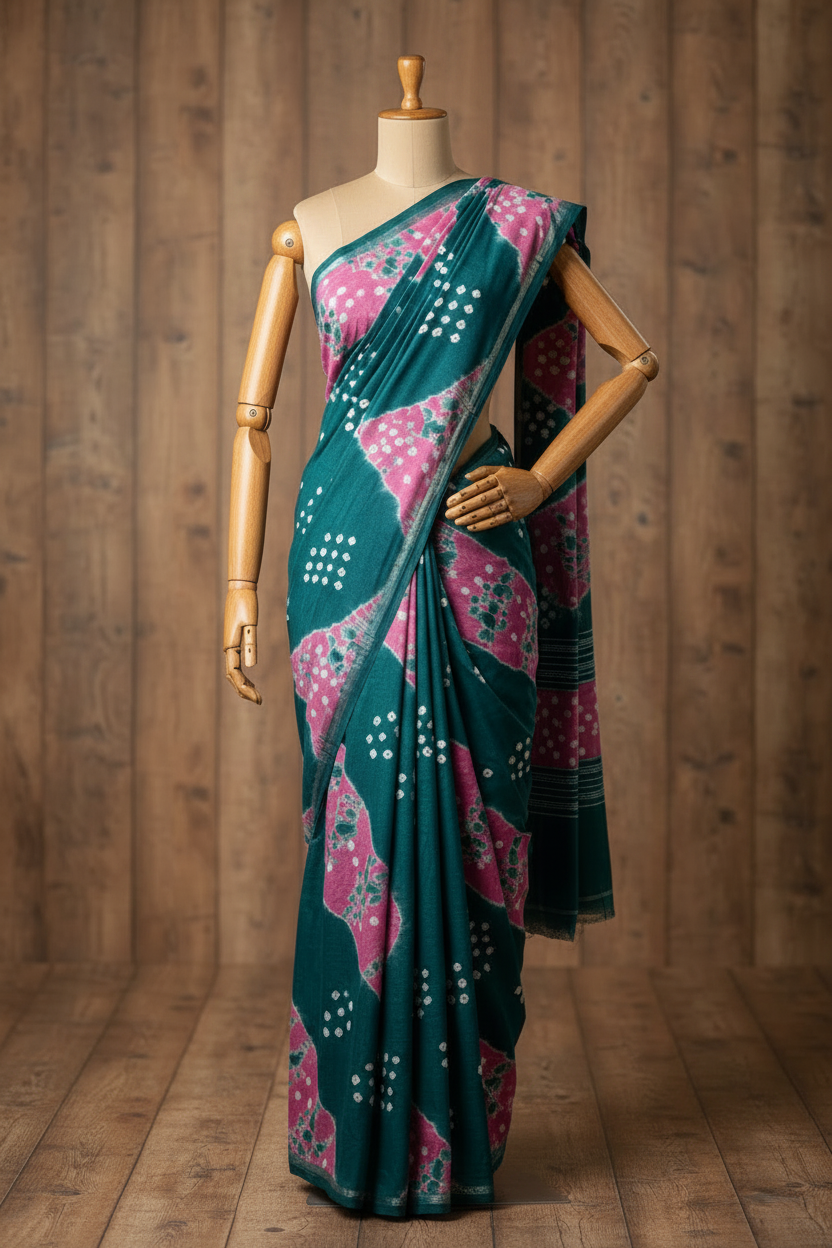 Bandhani Sarees Cotton Green with Pink colour Hand-Knotted | TLL197