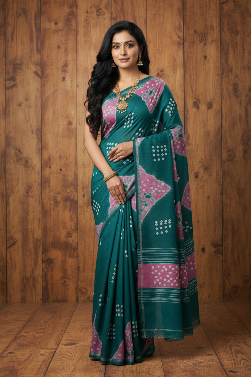 Bandhani Sarees Cotton Green with Pink colour Hand-Knotted | TLL197