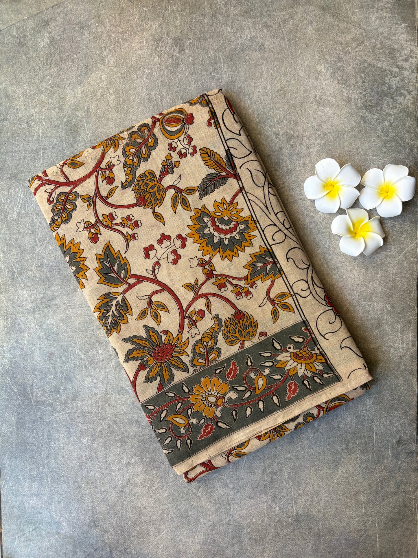 Kalamkari Printed Cotton Saree Cream Colour | TLL414