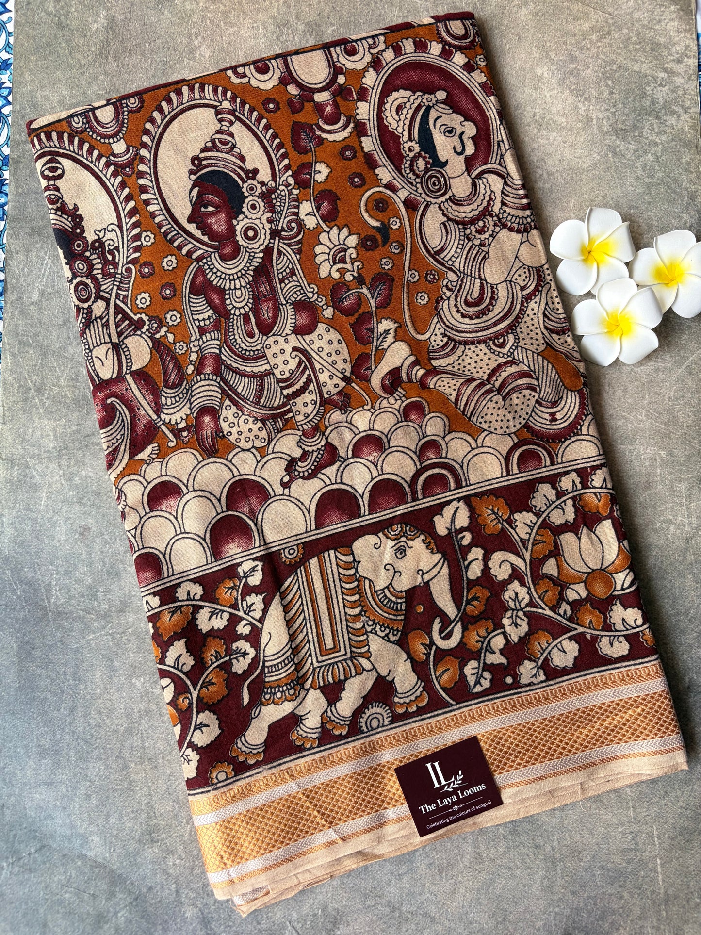Traditional Kalamkari Soft Mul Cotton Saree Maroon With Mustard Yellow | TLL624