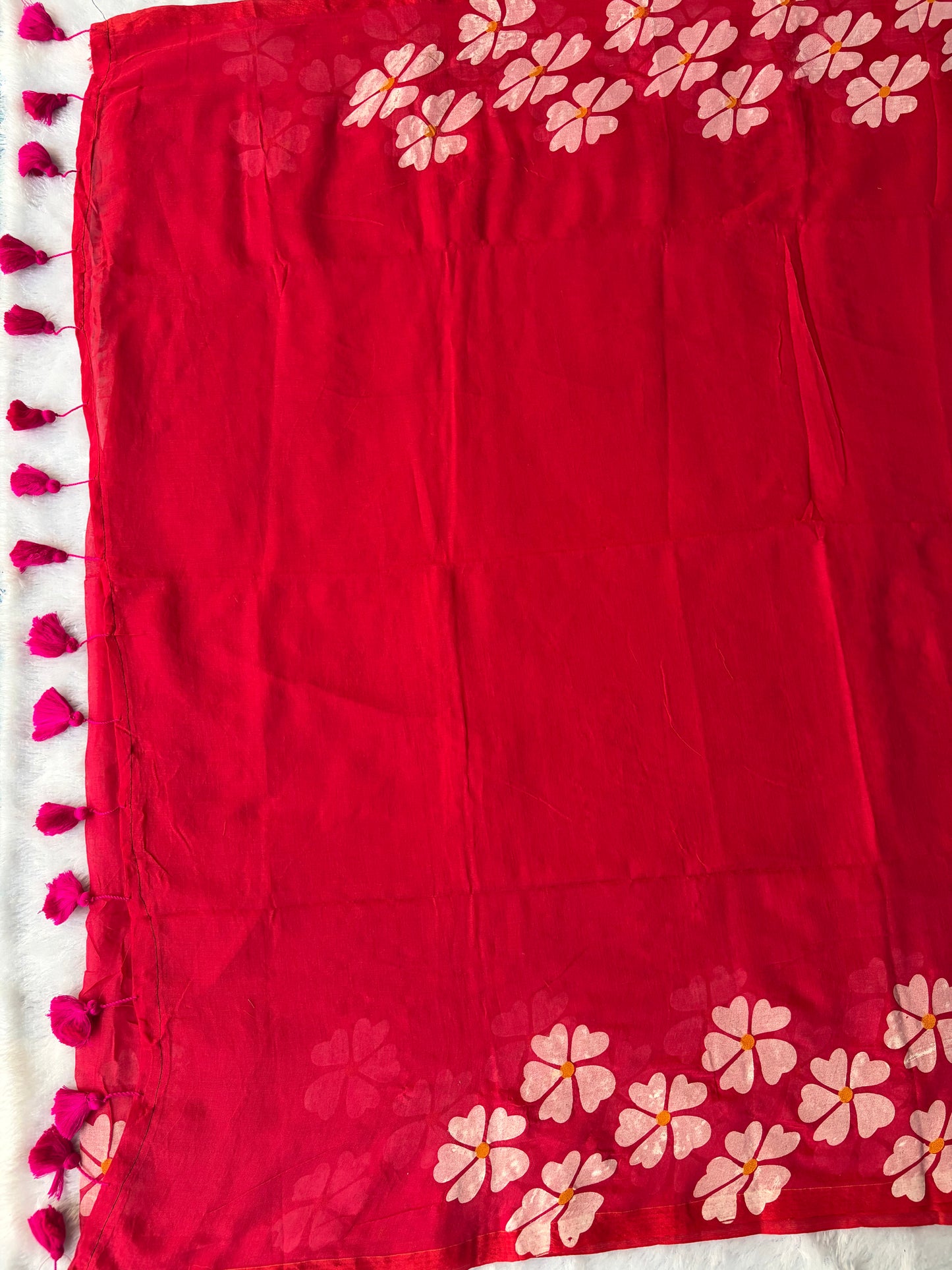 Mul Mul Cotton Saree Rani Pink Colour with Pink Tussels | TLL257