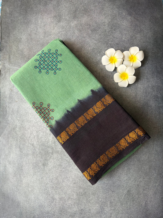 Mint Green Kolam Printed Sungudi Cotton saree | TLL211