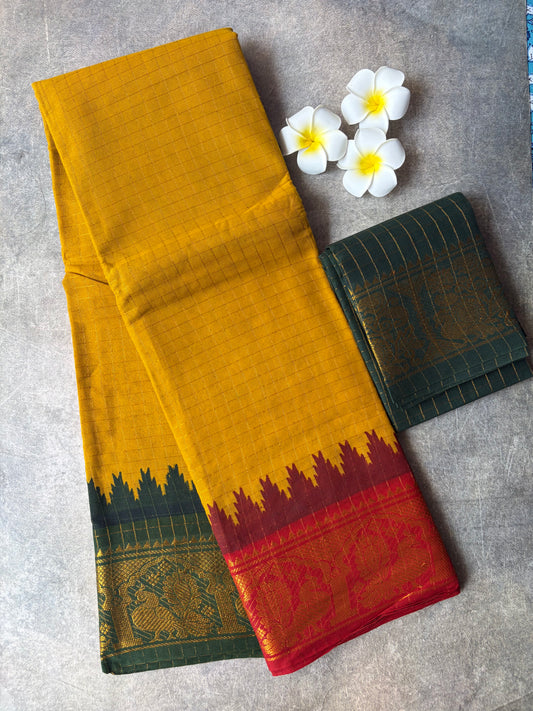 Mustard Yellow Sungudi Cotton Saree with Ganga Jamuna Border | TLL672