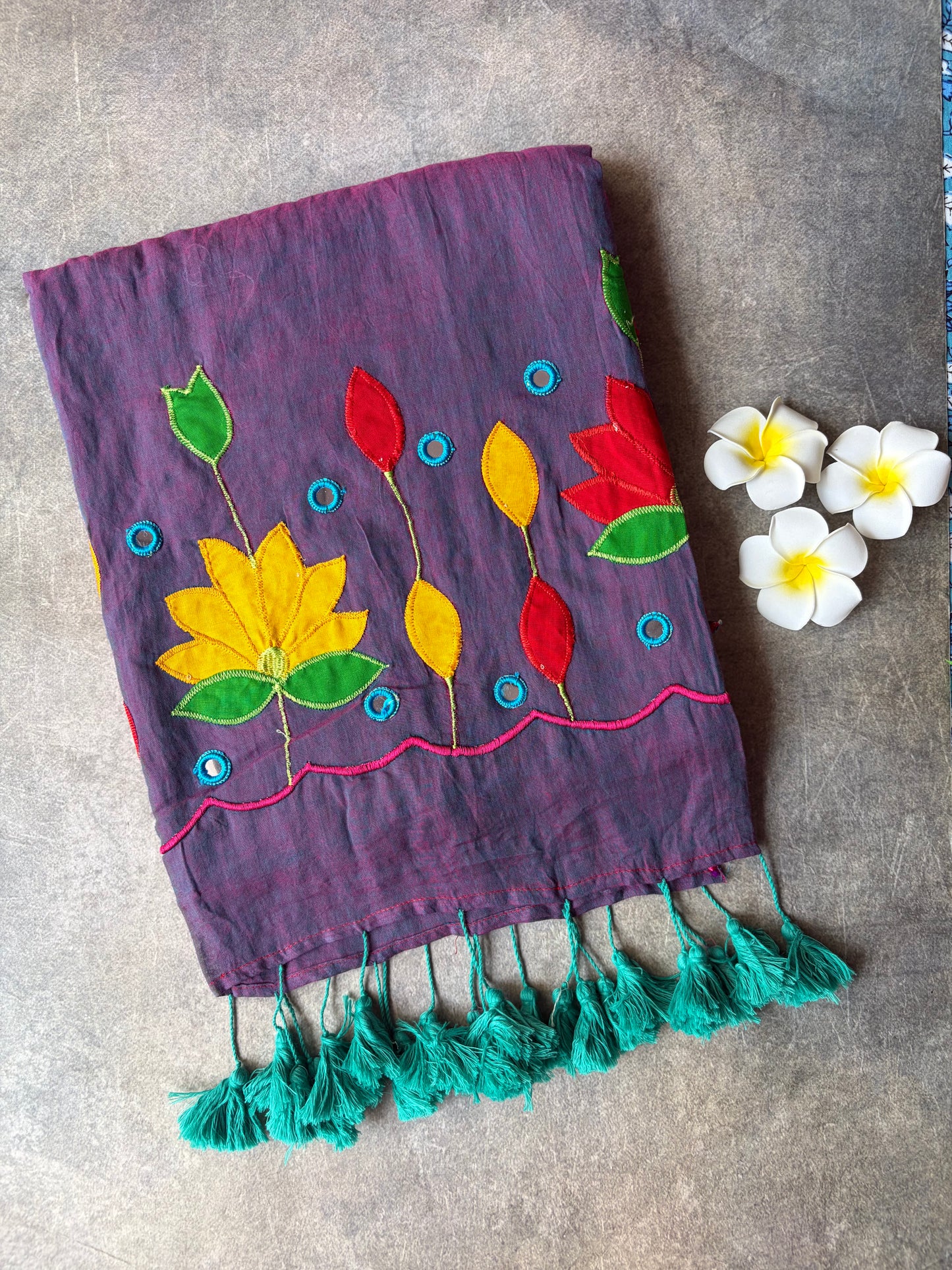 Applique Work Mul Mul Cotton Saree Purple | TLL542