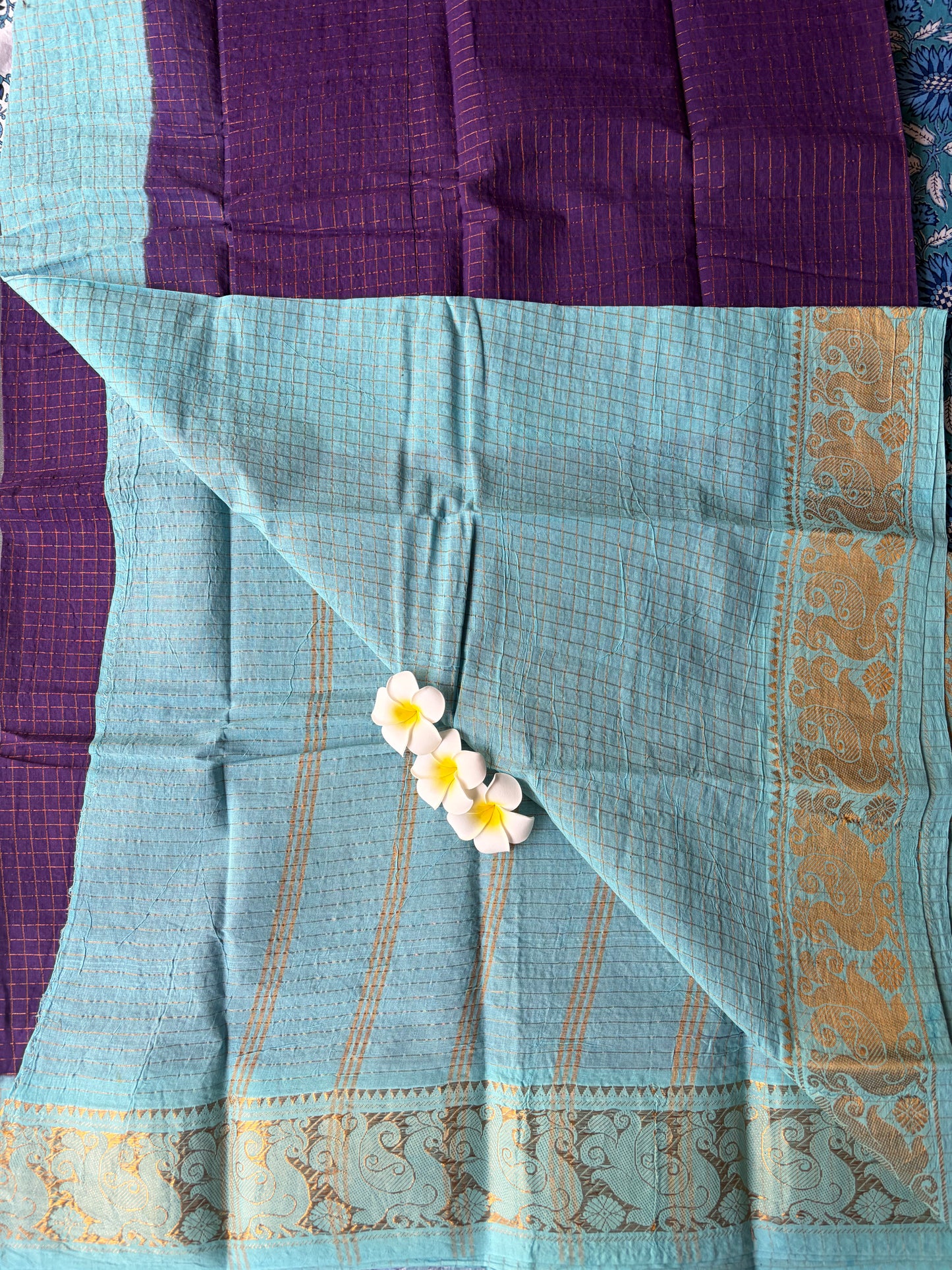 Golden checked blue Sungudi saree |TLL169