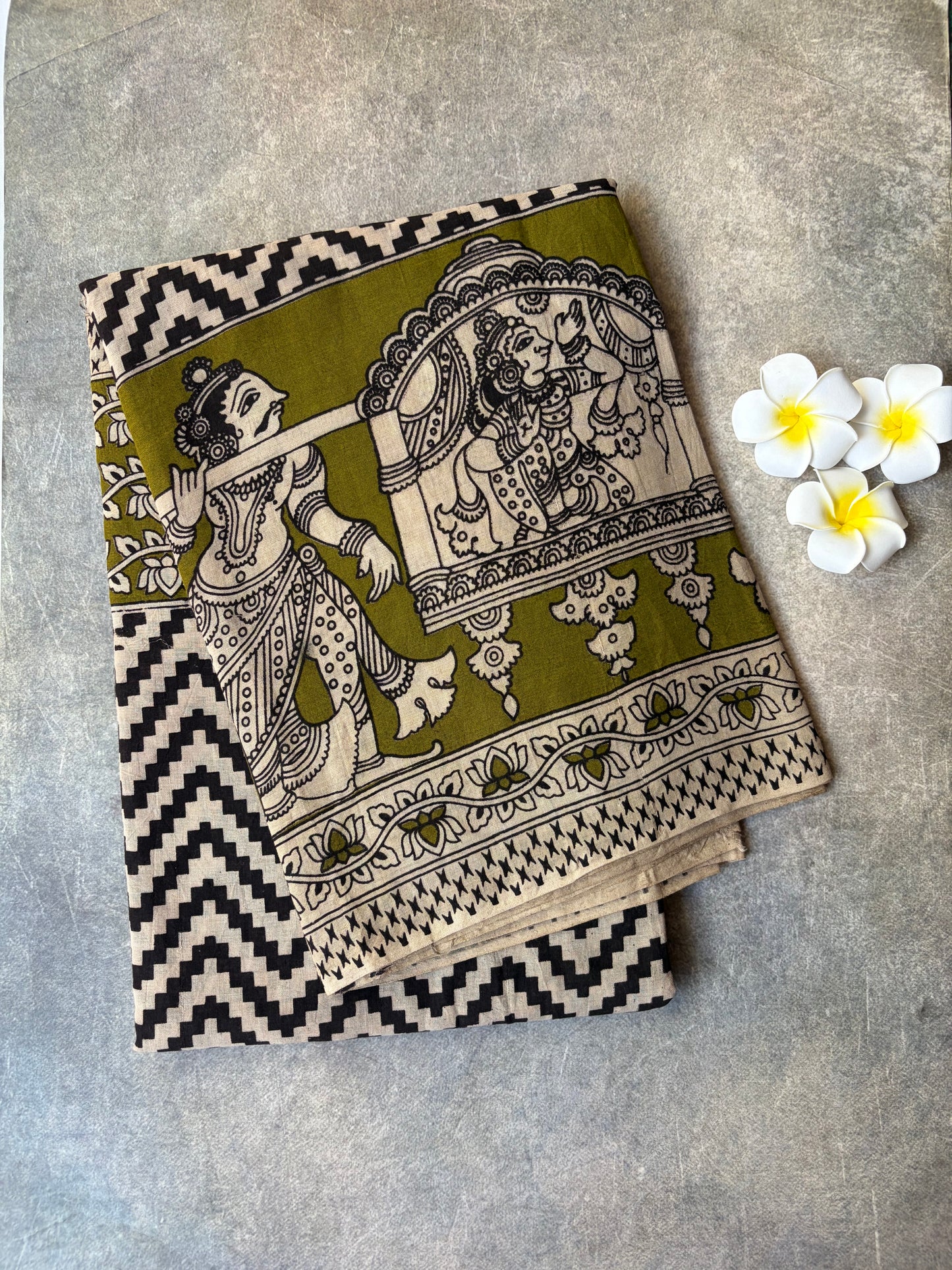 Kalamkari Printed Cotton Saree Mehendi Green | TLL420