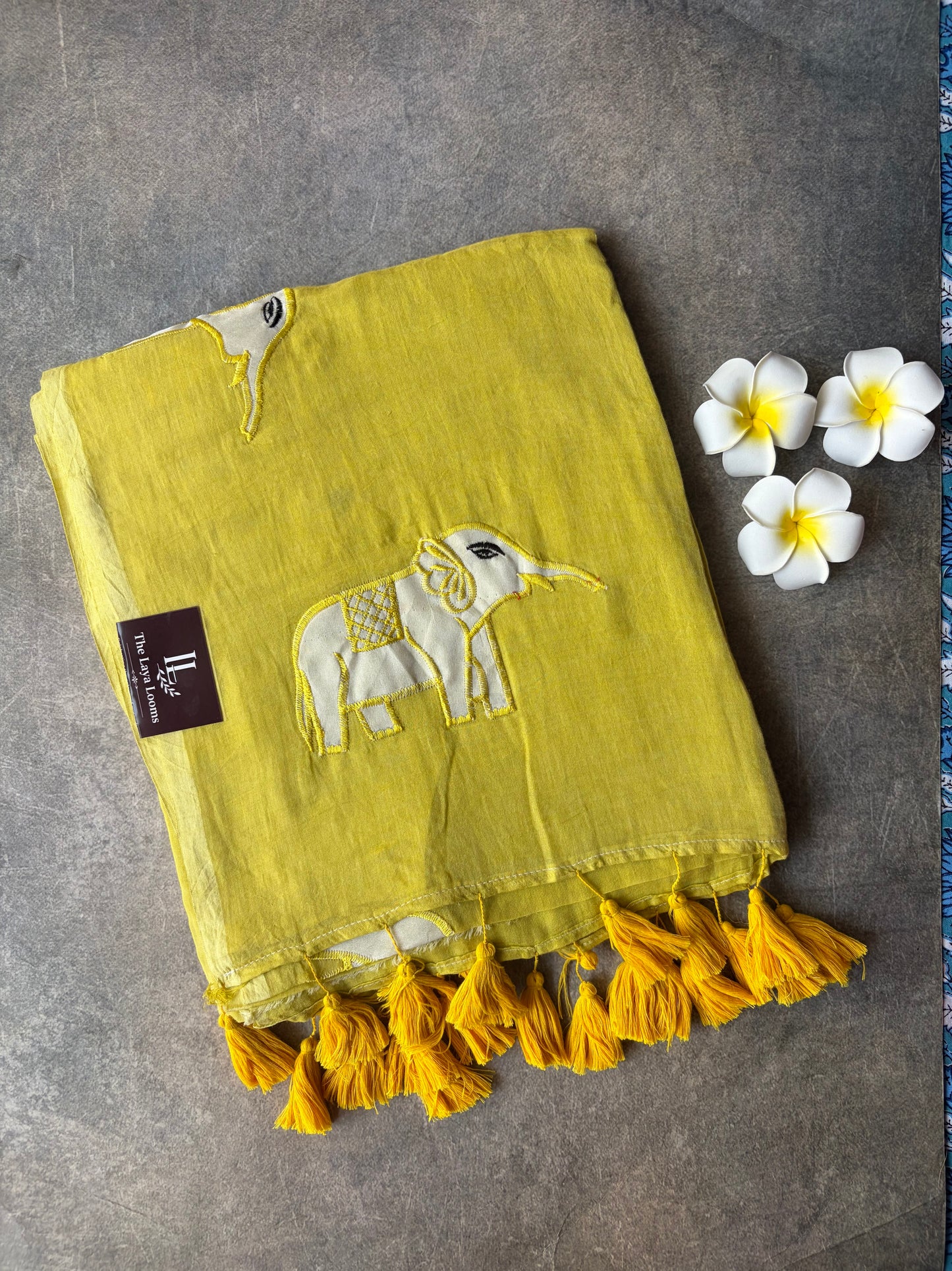 Elephant Mul Mul Cotton Saree Yellow | TLL536