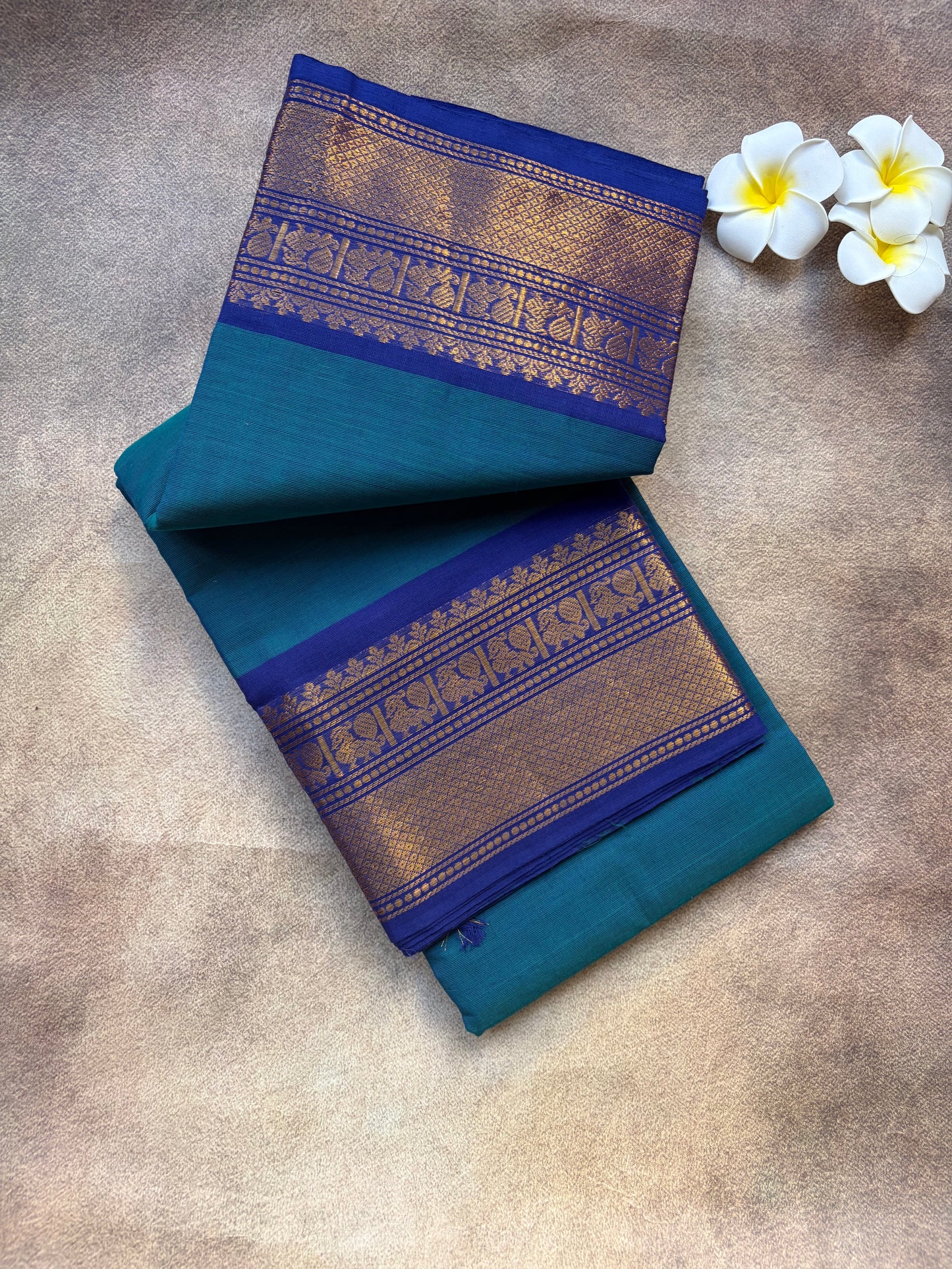 Premium Kanchi Cotton Saree with Peacock Zari Motif – Blue Border Elegance