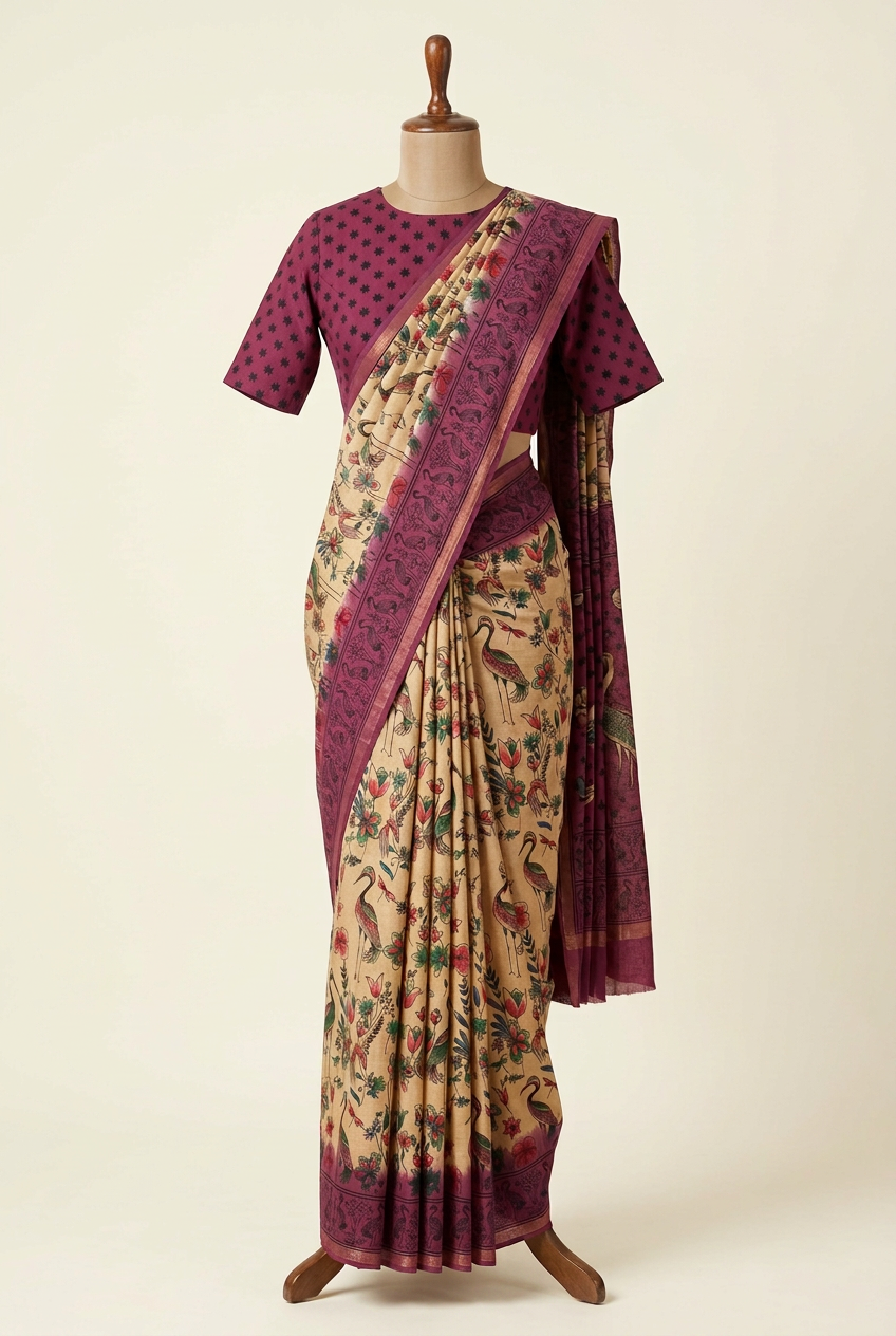 Kalamkari Cotton Saree Cream with Maroon | TLL596