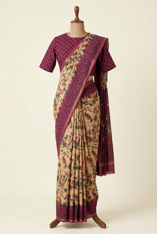 Kalamkari Cotton Saree Cream with Maroon | TLL596