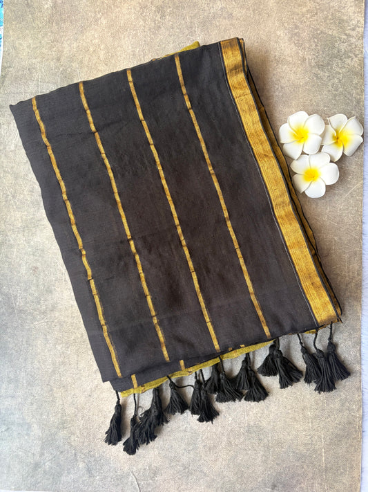 Mul Mul Cotton Saree Black and Green with Tussels | TLL259