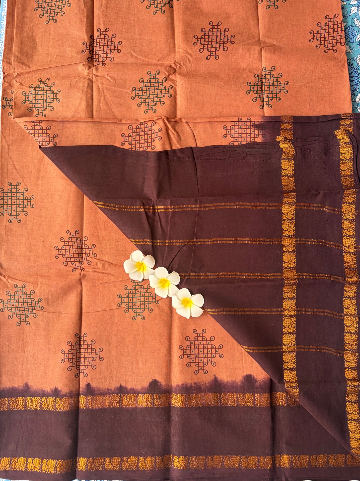 Kolam Printed Sungudi Cotton Saree Peach | TLL214