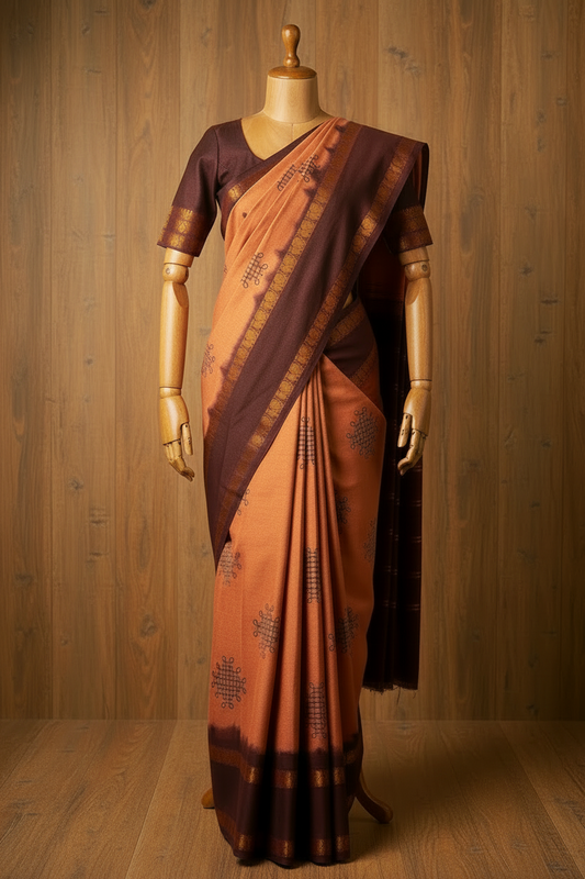 Peach Kolam Printed Sungudi Cotton Saree | TLL214