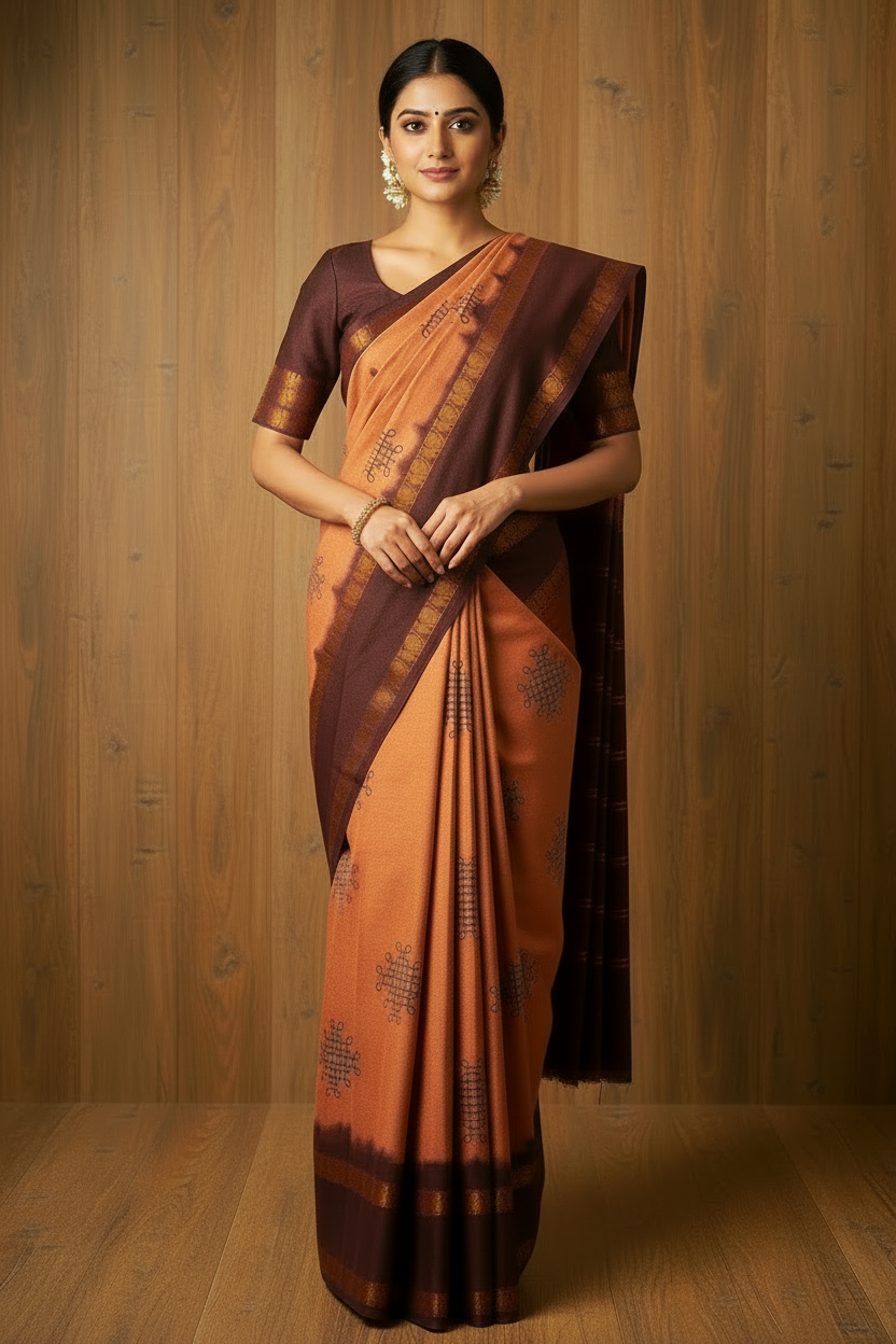 Kolam Printed Sungudi Cotton Saree Peach | TLL214