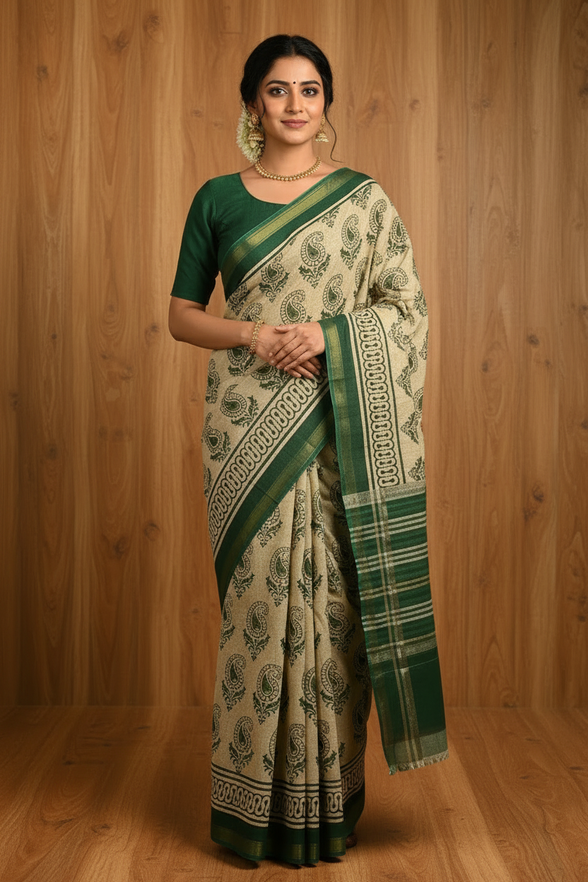 Daily Wear Soft Cotton Saree Cream Colour Under Budget | TLL224