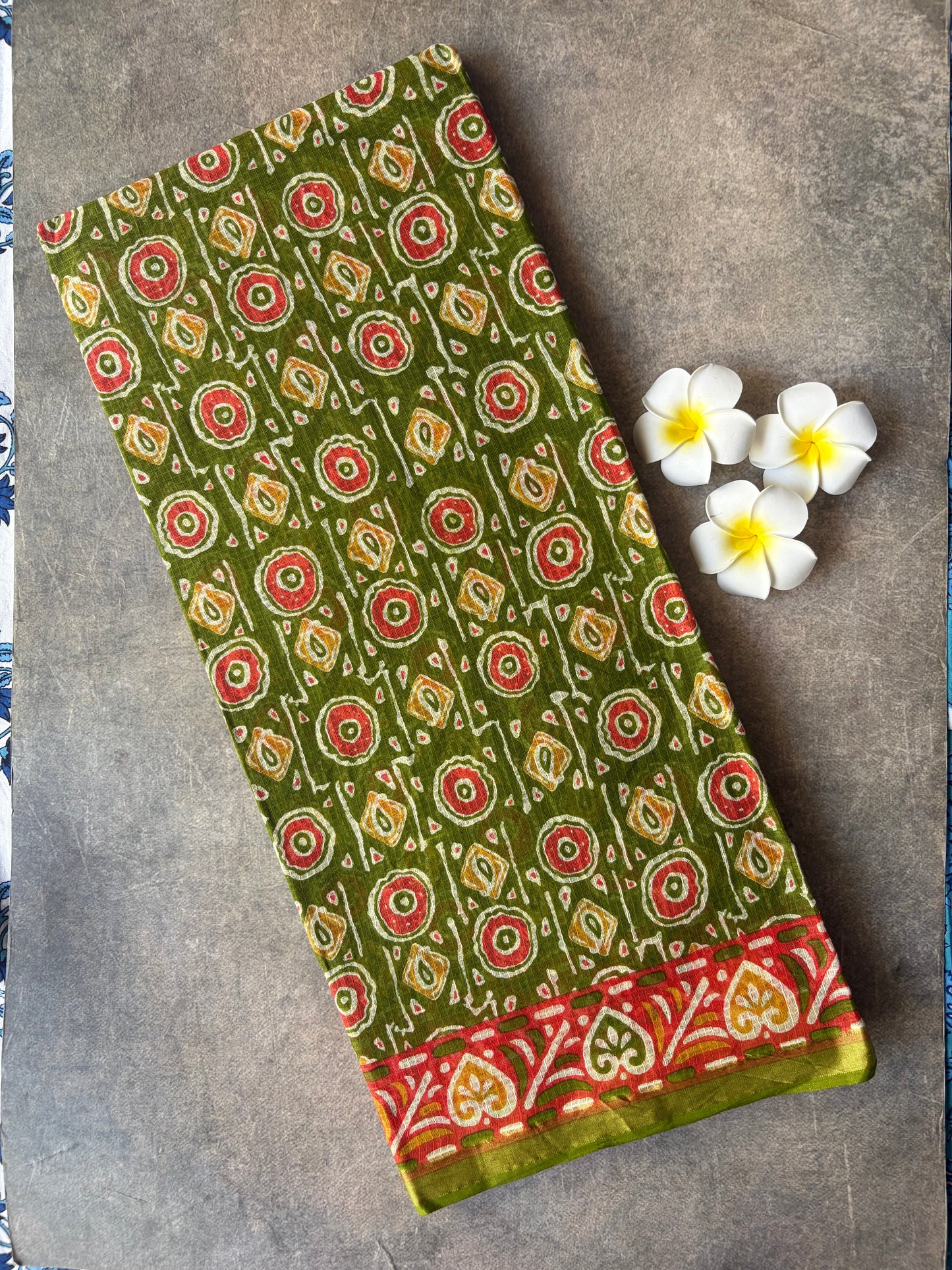 Olive Green Round Printed Kota Doria Cotton Saree | TLL571