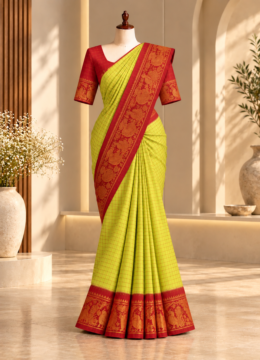 Madurai Sungudi Cotton Saree | Lemon Yellow with Red Border | Running Blouse | TLL168