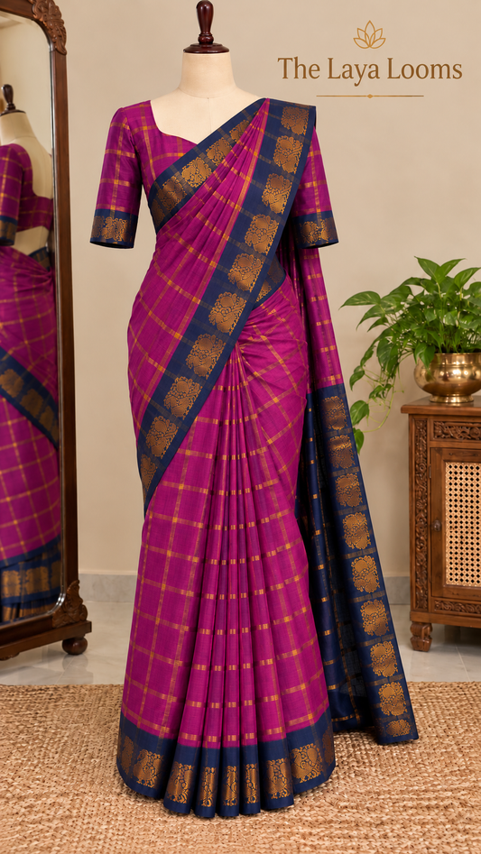 Kattam Sungudi Cotton Saree Pinkish-Purple with Navy Blue Border | TLL681