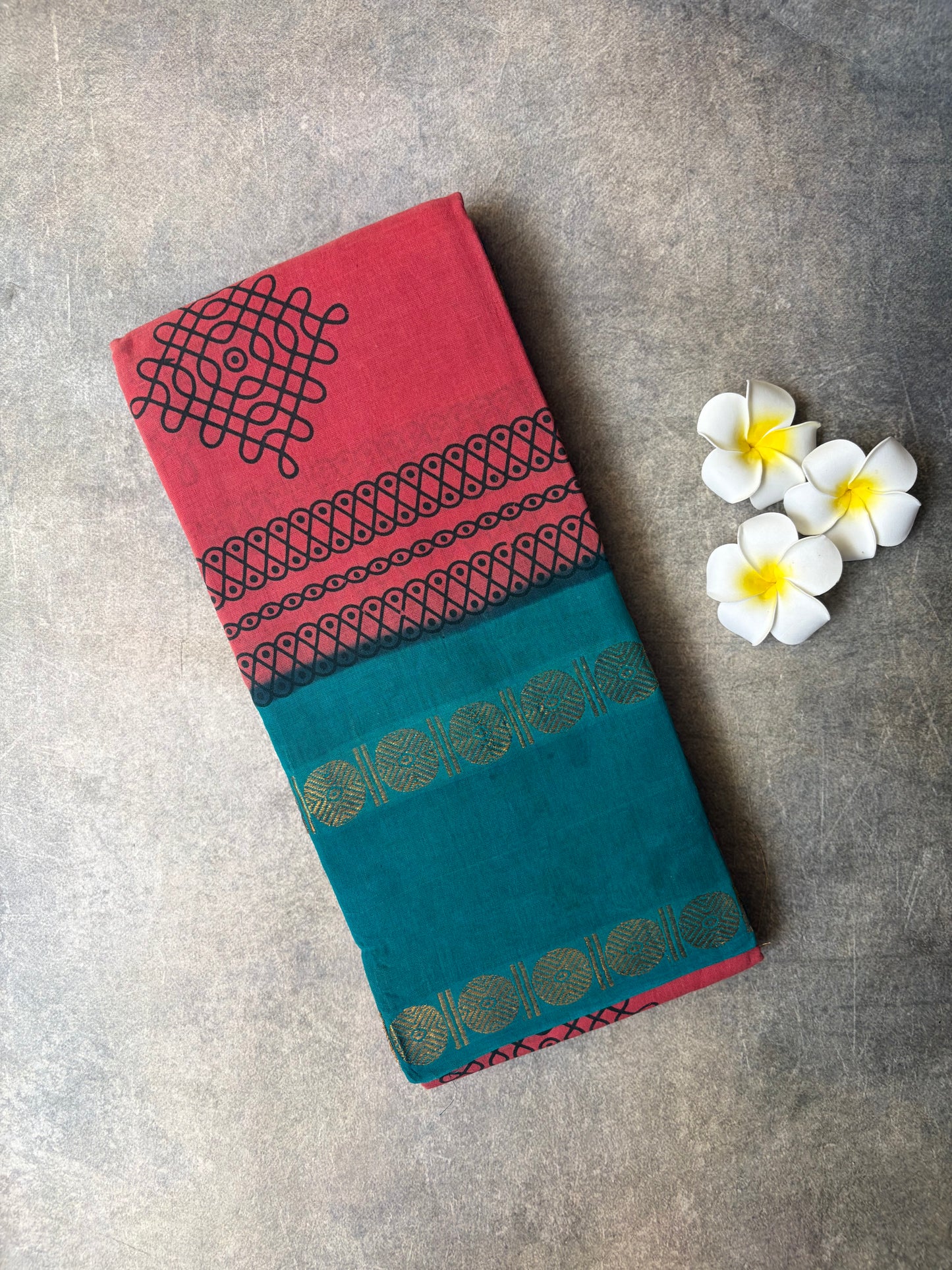 Kolam Printed Sungudi Cotton Saree Pink | TLL400