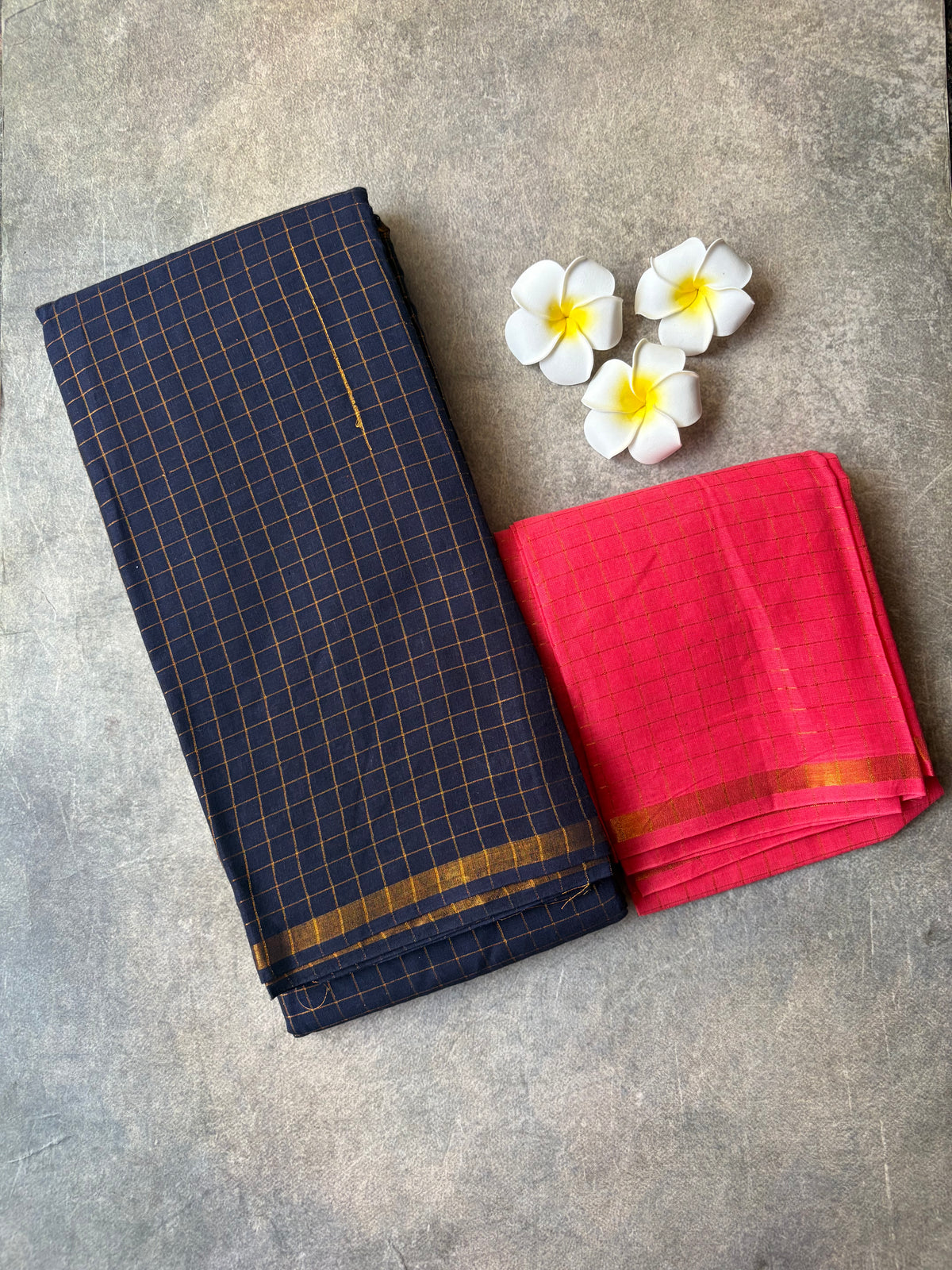 Golden Checked Navy Blue Sungudi Saree Simple Border | TLL686